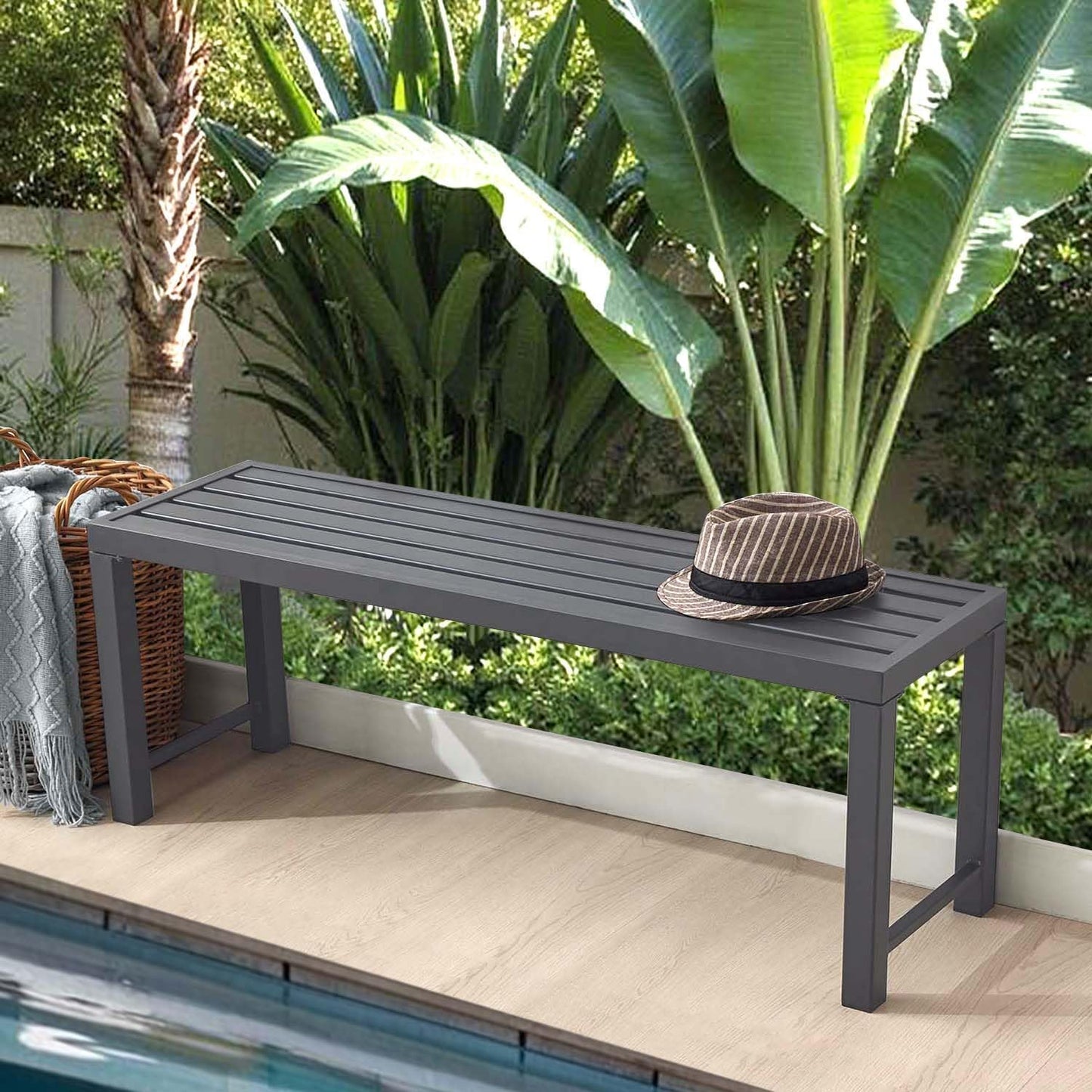 Grey Outdoor Backless Bench for Garden, Set of 2, Metal Outdoor Bench Weatherproof, Patio Benches for Outdoors, Benches Seat for Backyard, Porch, Plant Stand and Holder