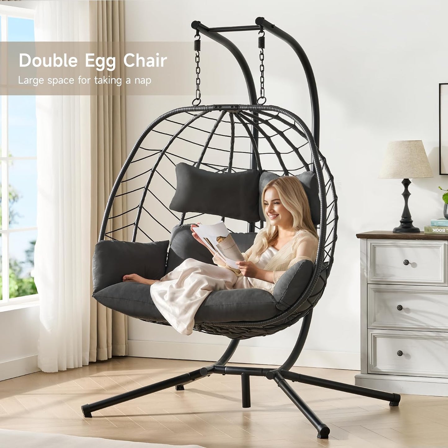 Double Egg Chair with Stand, Indoor Outdoor 2 Person Hammock Swing Chair with Cushions & Headrest, 650LBS Capacity Hanging Loveseat for Patio, Bedroom, Garden, Balcony (Black-Dark Gray)