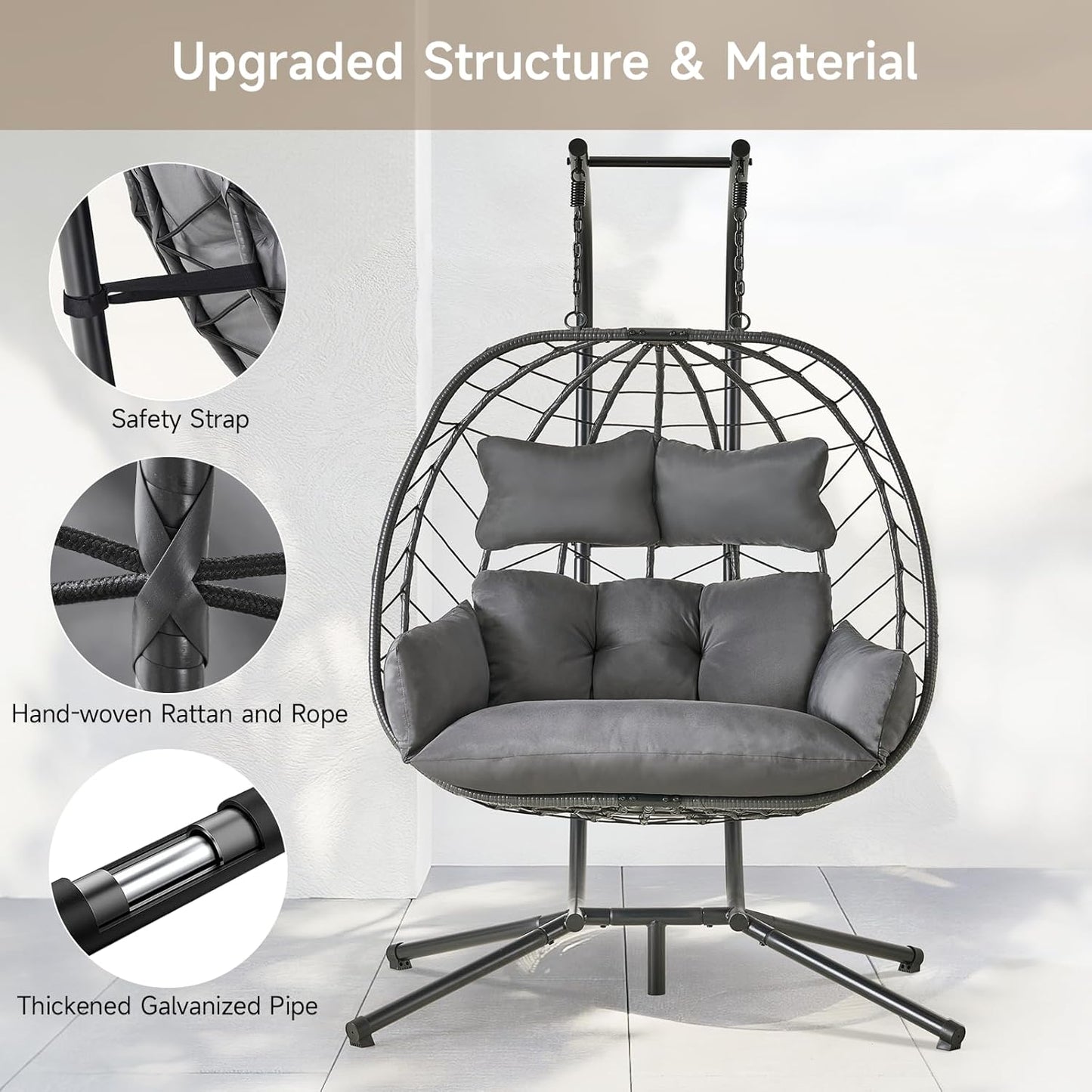 Double Egg Chair with Stand, Indoor Outdoor 2 Person Hammock Swing Chair with Cushions & Headrest, 650LBS Capacity Hanging Loveseat for Patio, Bedroom, Garden, Balcony (Black-Dark Gray)