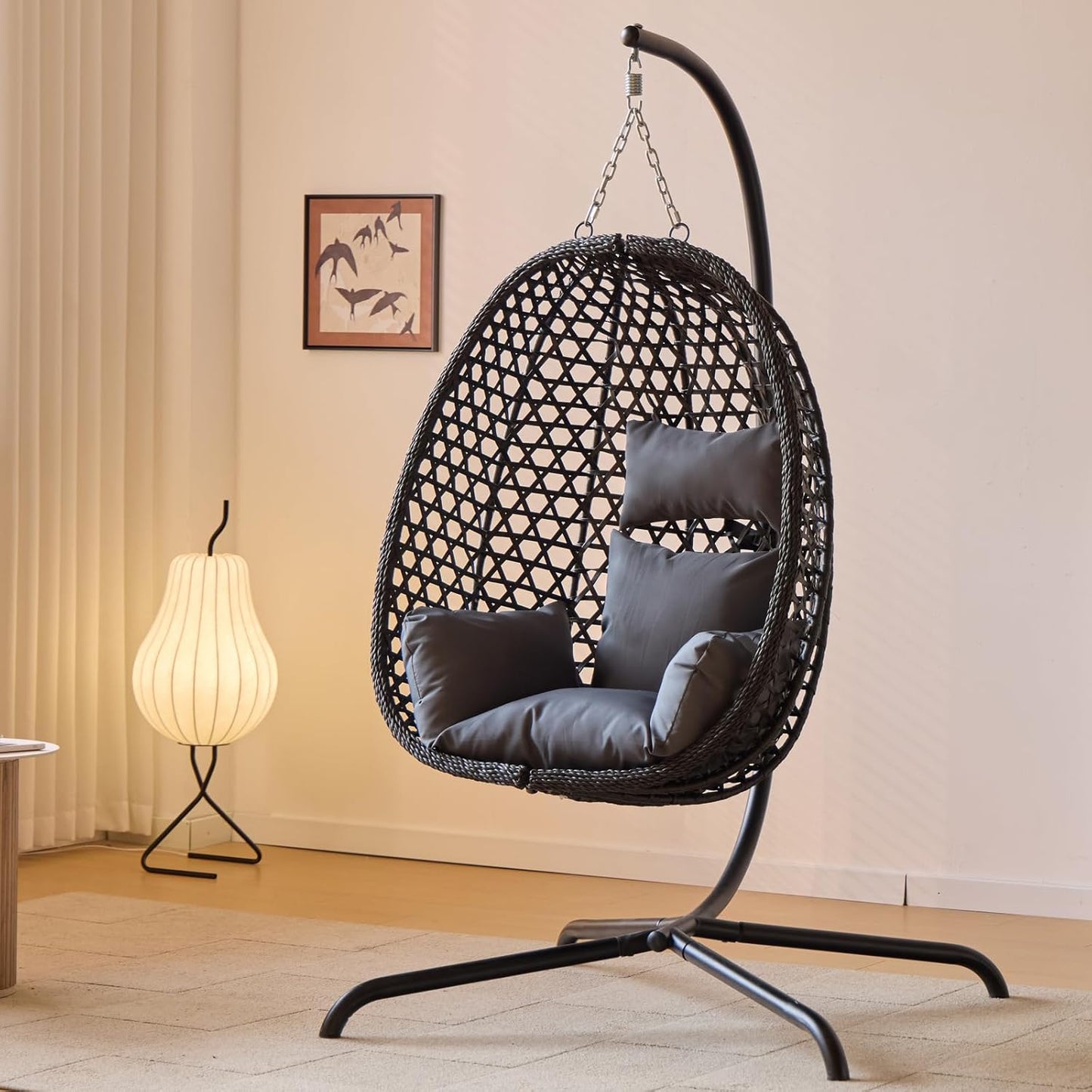Double Hanging Swing Egg Chair with Stand, Hexagon Wicker Hammock Swing Chair for Outdoor Garden Patio, 2 Person Egg Chair with Foldable Loveseat Removable Cushions (Dark Grey)
