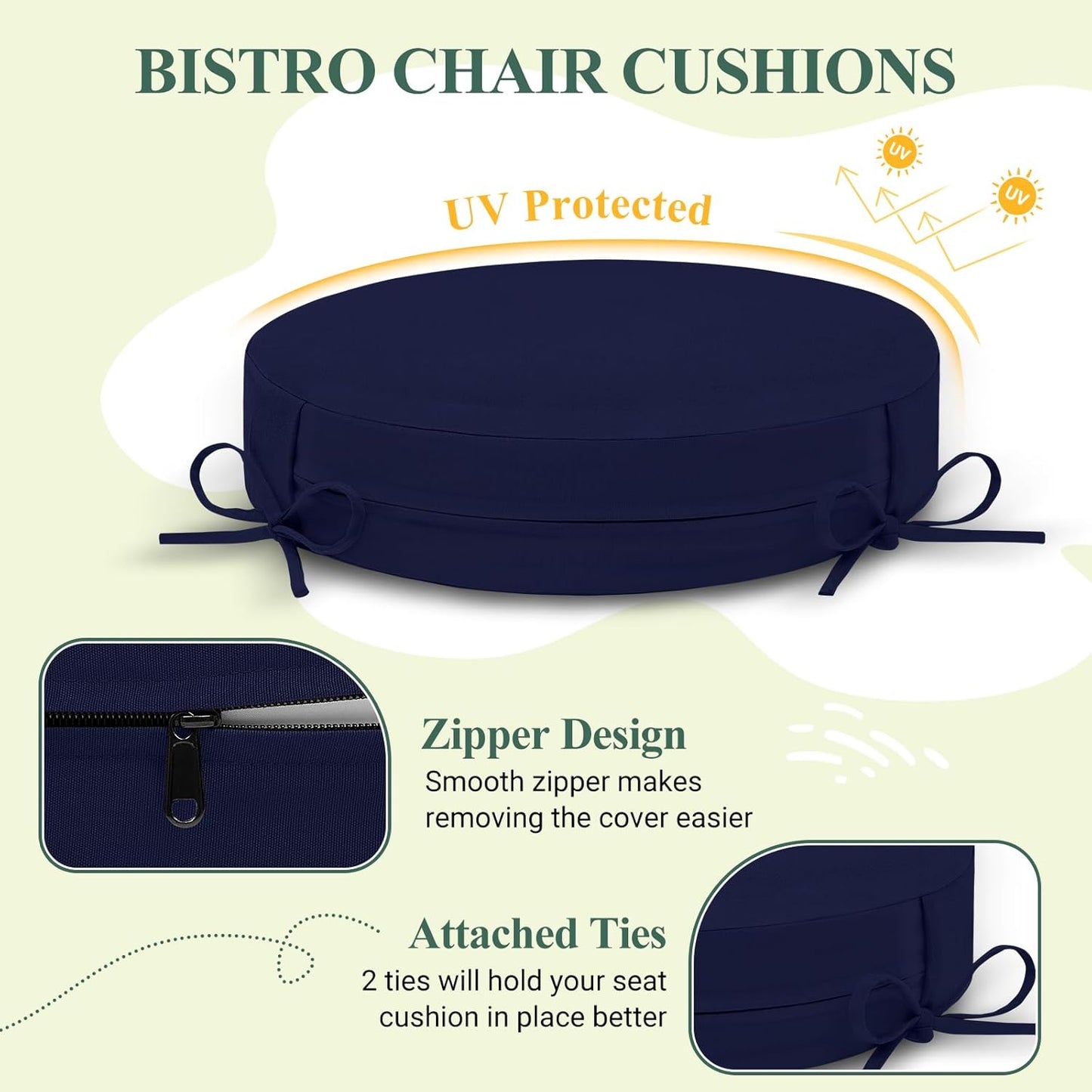 HARBOREST Outdoor Bistro Chair Cushions Set of 4, Waterproof Round Outdoor Cushions with Non-Slip Ties and Removable Covers, 15" D x 3" H, Navy