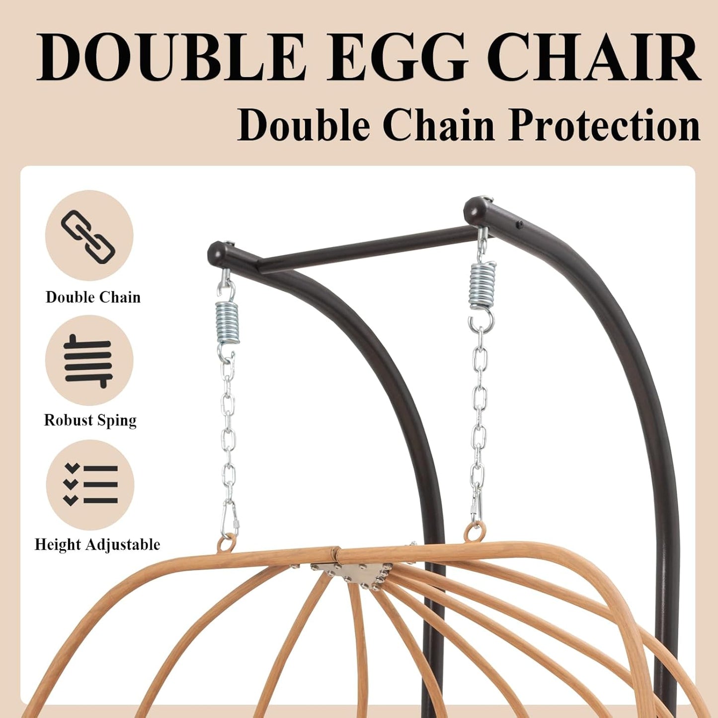 Double Egg Chair with Stand, Oversized Egg Chair Outdoor, 2-Person Hanging Eggs Chairs, 600Lbs Sturdy Loveseat Swinging Chair for Balcony, Patio, Deck, Grey