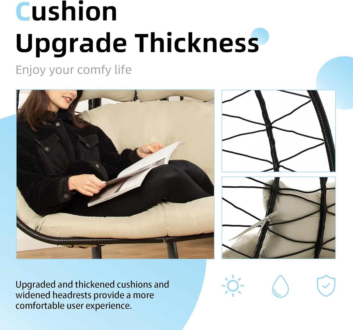 Double Egg Chair wth Stand Hammock Swing Chair Foldable Hanging Loveseat, UV Resistant Removable Cushions, 700LBS Capacity for Bedroom, Balcony, Garden(BK-BE)