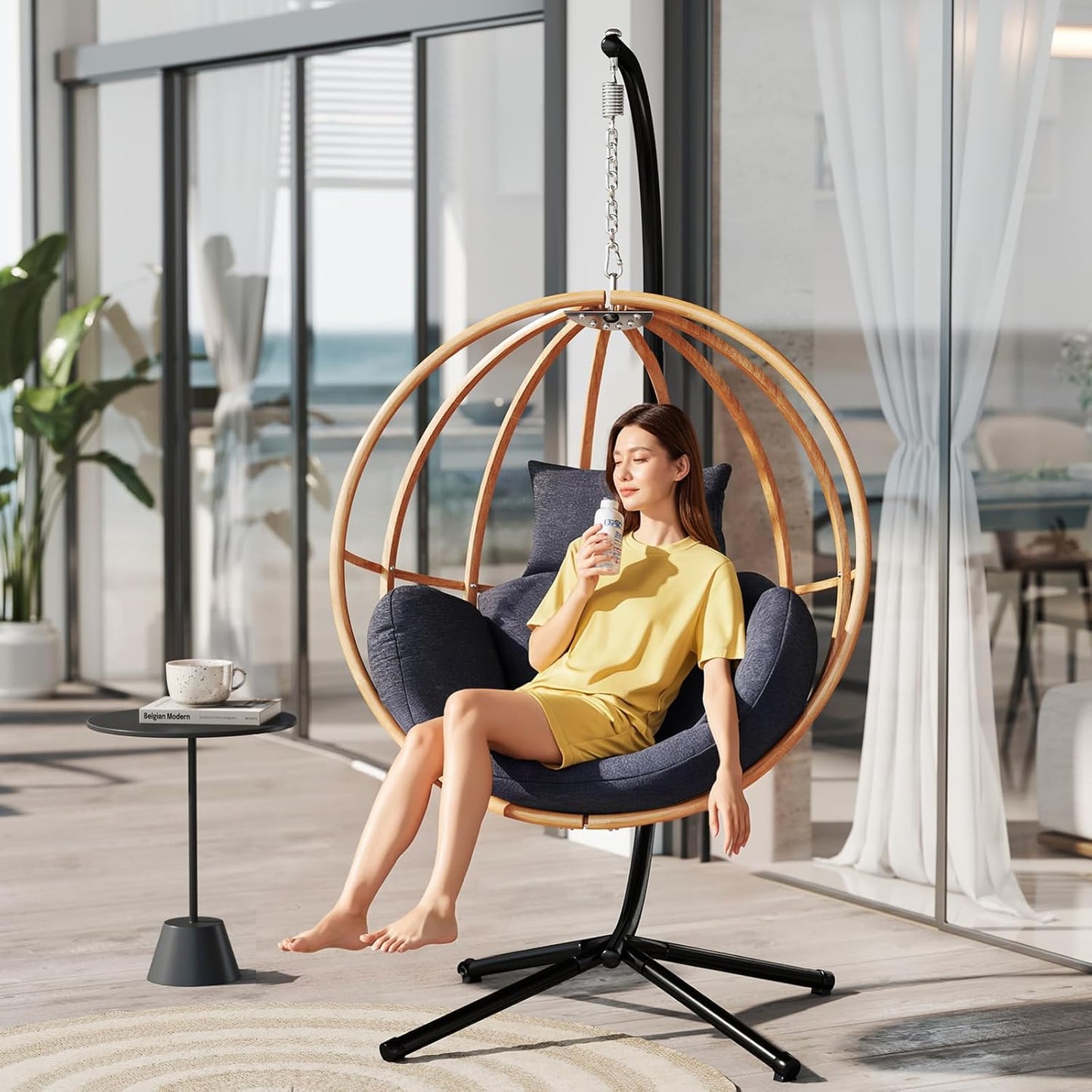 Double Egg Chair with Stand, Oversized Egg Chair Outdoor, 2-Person Hanging Eggs Chairs, 600Lbs Sturdy Loveseat Swinging Chair for Balcony, Patio, Deck, Grey