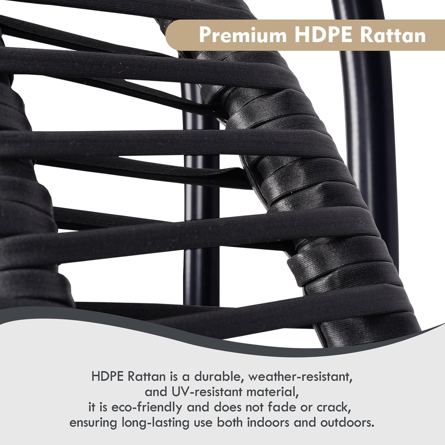 Hanging Double Egg Chair with Stand, Oversized 2 Person HDPE Rattan with Convertible Armrest for Reclining with All-Weather Cushion and Heavy Duty Frame for Indoor Outdoor, 700Lbs Capacity (Black)