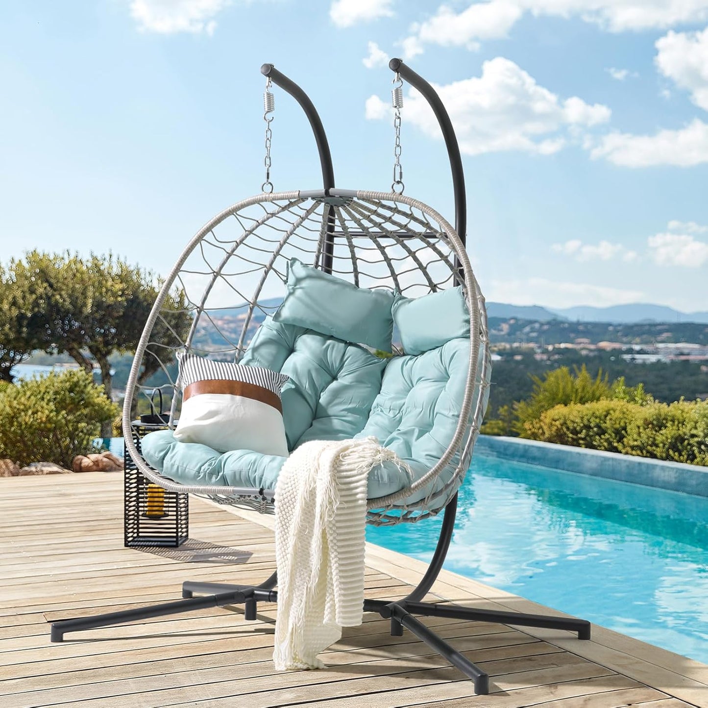 Patiorama 2 Person Double Egg Swing Chair with Stand Indoor Outdoor, Patio Wicker Rattan Hanging Egg Chair w/Cushion, Pillow, Foldable Hammock Chair 550lbs for Bedroom, Balcony, Garden (Light Grey)