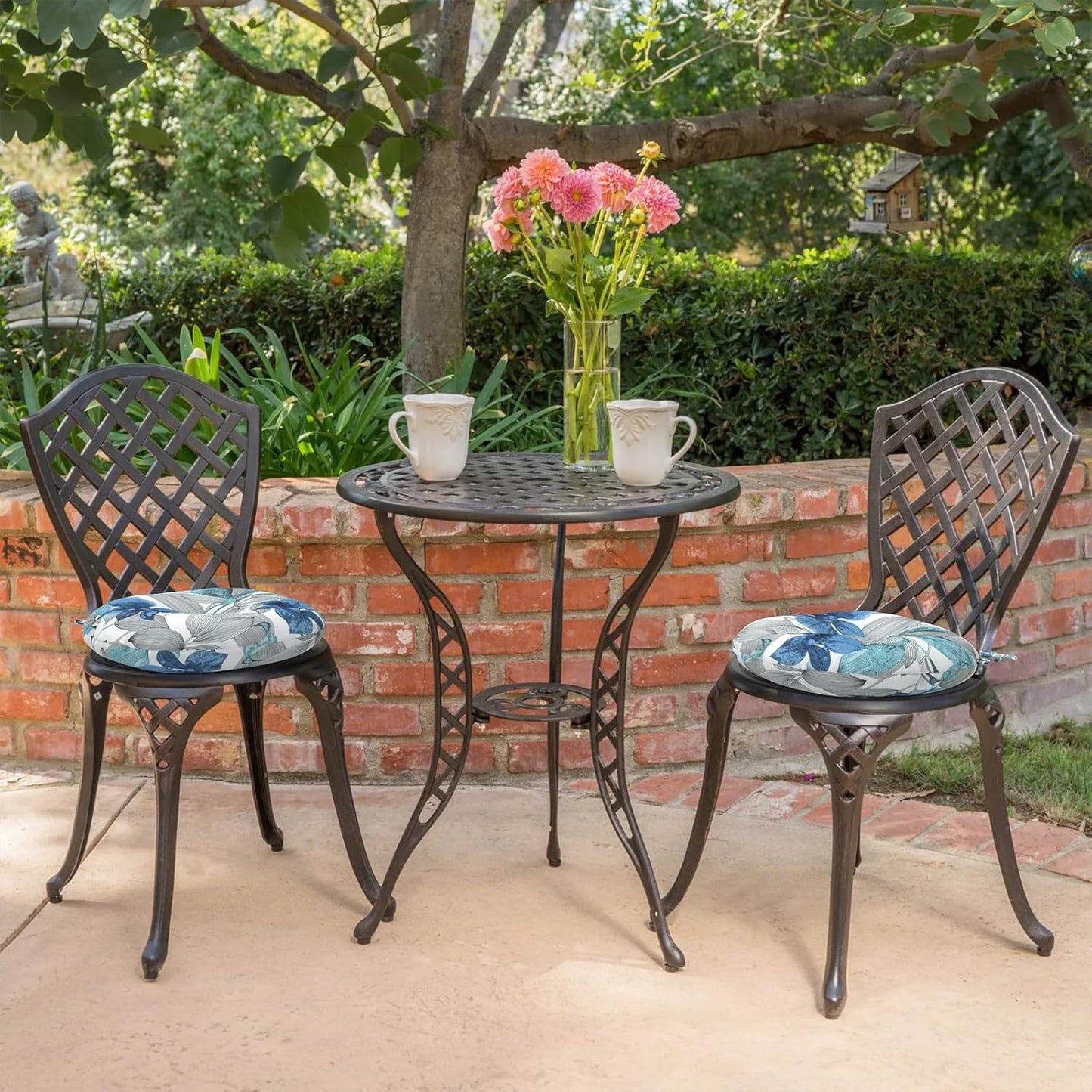 Outdoor Bistro Chair Cushions, Water Repellent Furniture Chair Pads Set of 2, Round Pillow for Decoration Home and Garden, 15”x15”x4”, Clemens Noir Blue