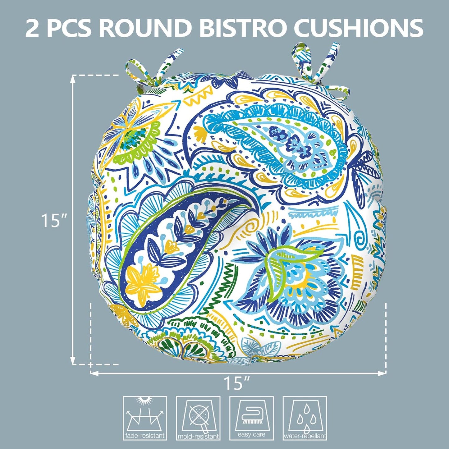 LVTXIII Outdoor All Weather Bistro Seat Cushions, Comfortable Fluffy Tufted Patio Chair Cushions Round 15”x15”x4” Set of 2 for Home Garden Furniture, Paisley Blue