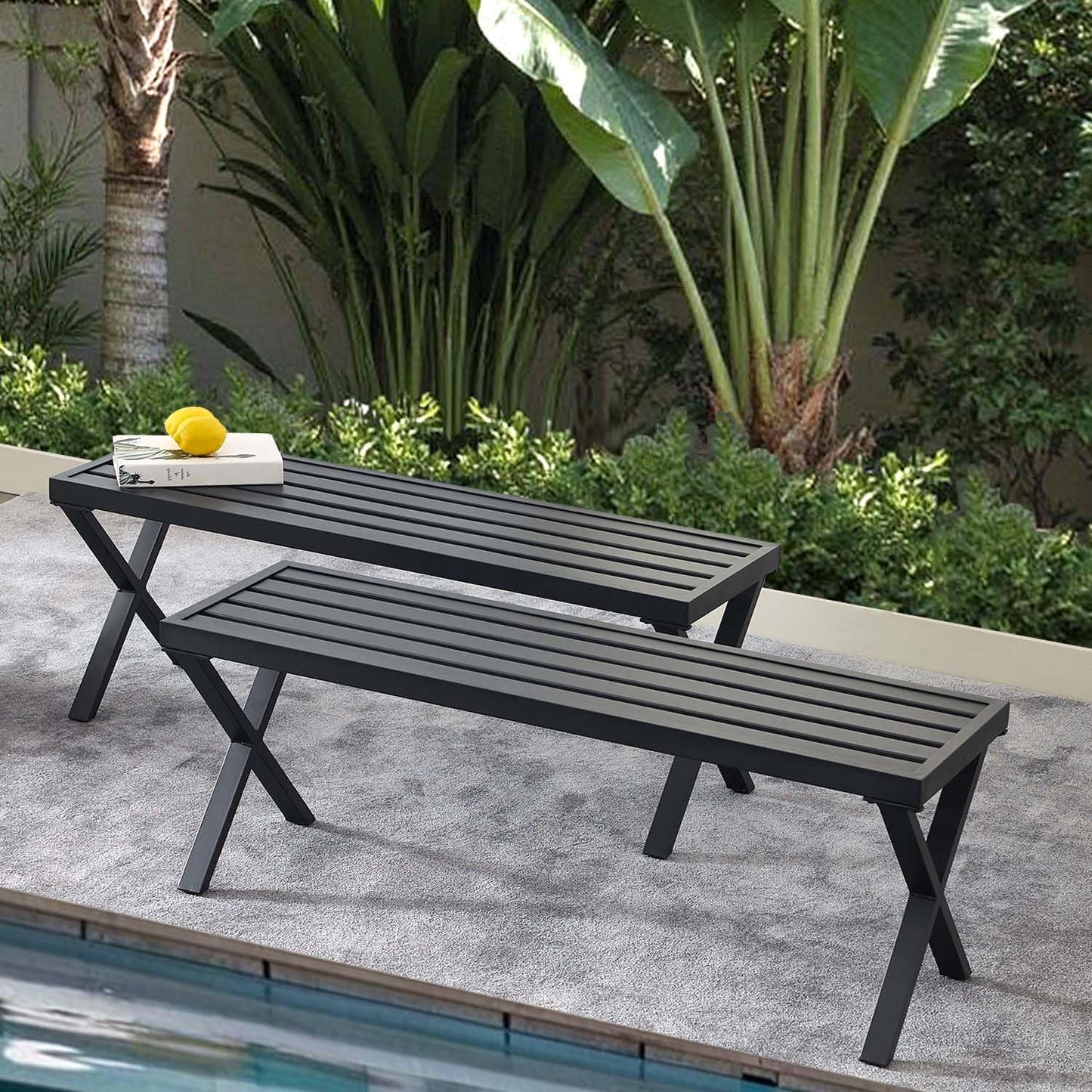 Grey Outdoor Backless Bench for Garden, Set of 2, Metal Outdoor Bench Weatherproof, Patio Benches for Outdoors, Benches Seat for Backyard, Porch, Plant Stand and Holder