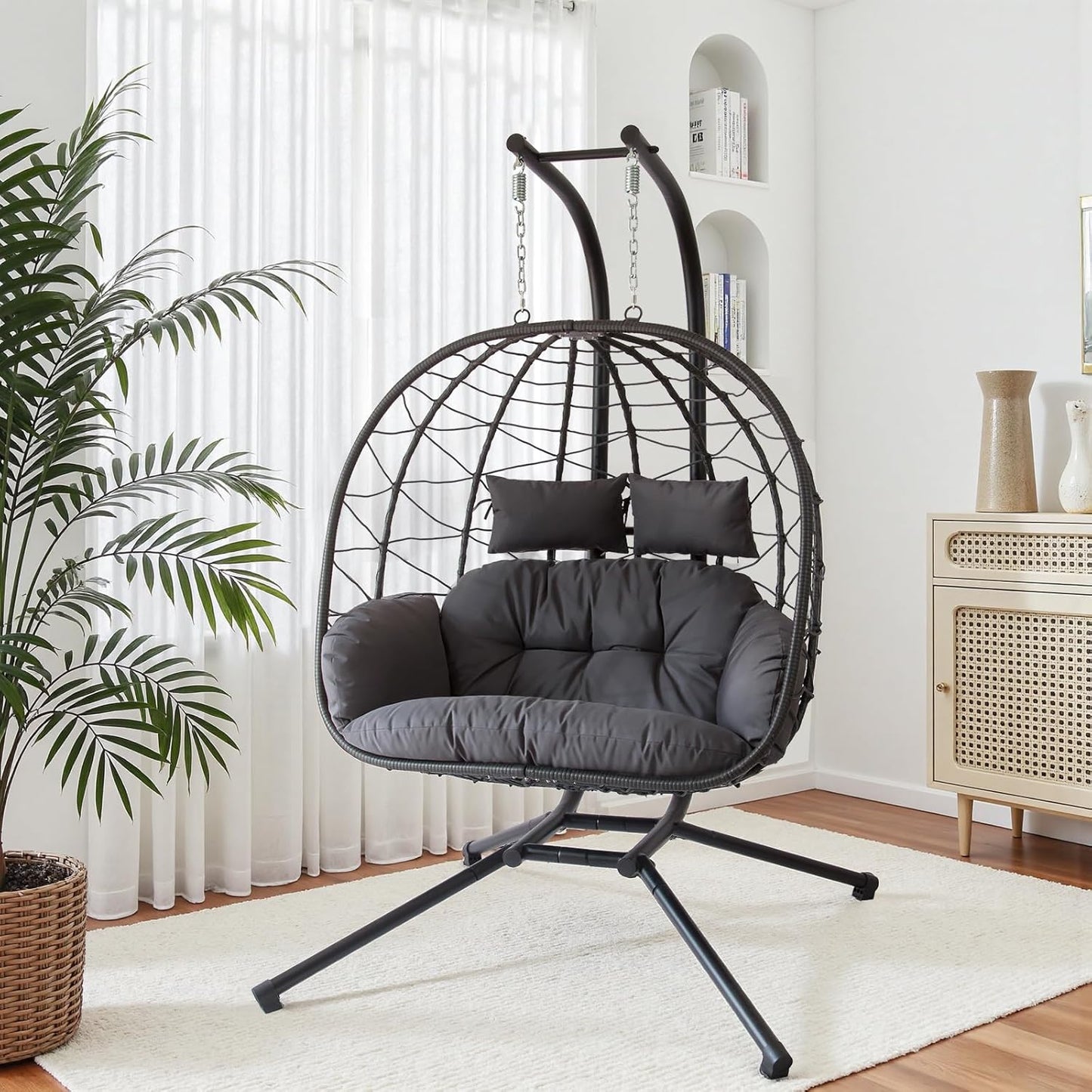 Double Egg Chair with Stand, Patio Wicker Hanging Swing Egg Chair Thickened, Galvanized Pipe Steel Frame and UV Resistant Cushion for Bedroom Garden Indoor Outdoor, 440LBS Capacity (Natural Beige)