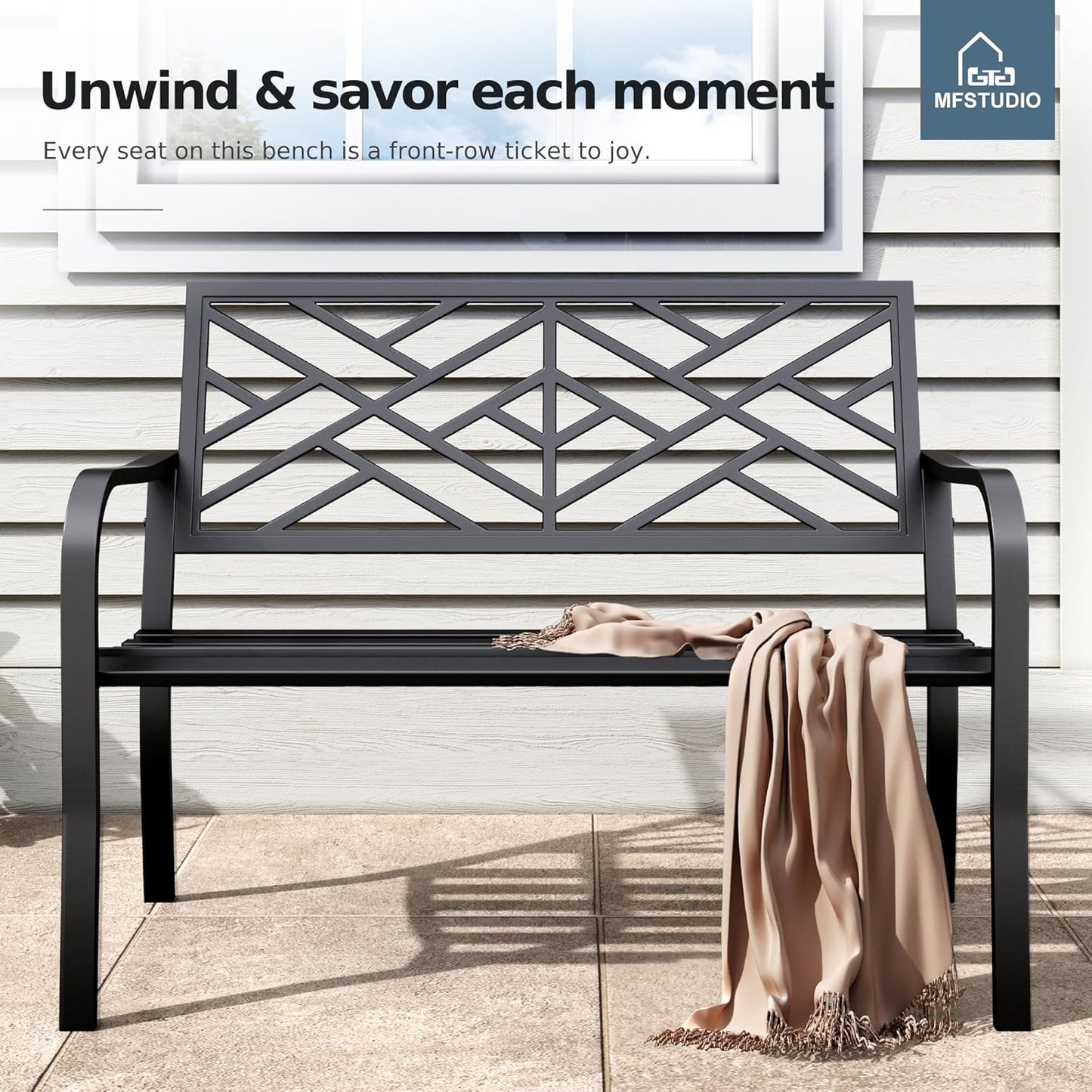 MFSTUDIO 43.7 Inches Outdoor Garden Bench, Cast Iron Metal Frame Patio Park Outside Benches with Geometric Pattern Backrest for Front Porch, Black