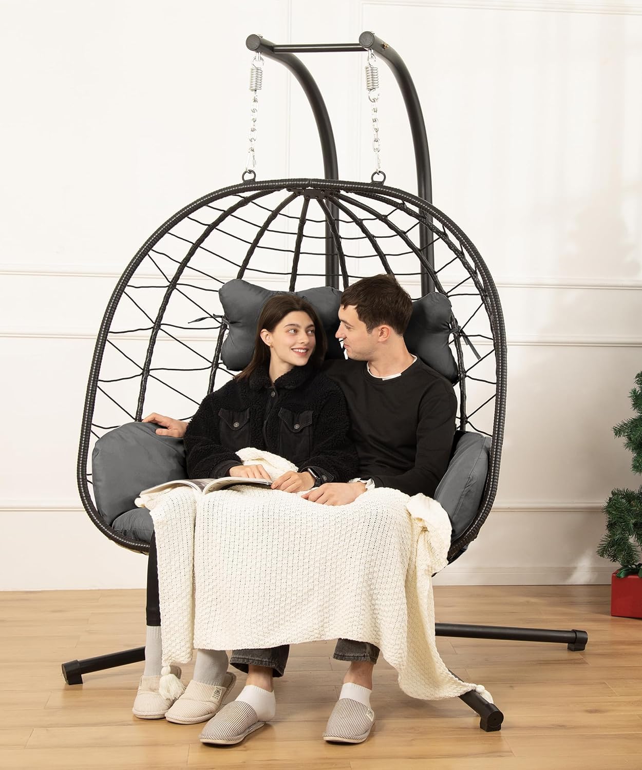 Double Egg Chair wth Stand Hammock Swing Chair Foldable Hanging Loveseat, UV Resistant Removable Cushions, 700LBS Capacity for Bedroom, Balcony, Garden(BK-BE)