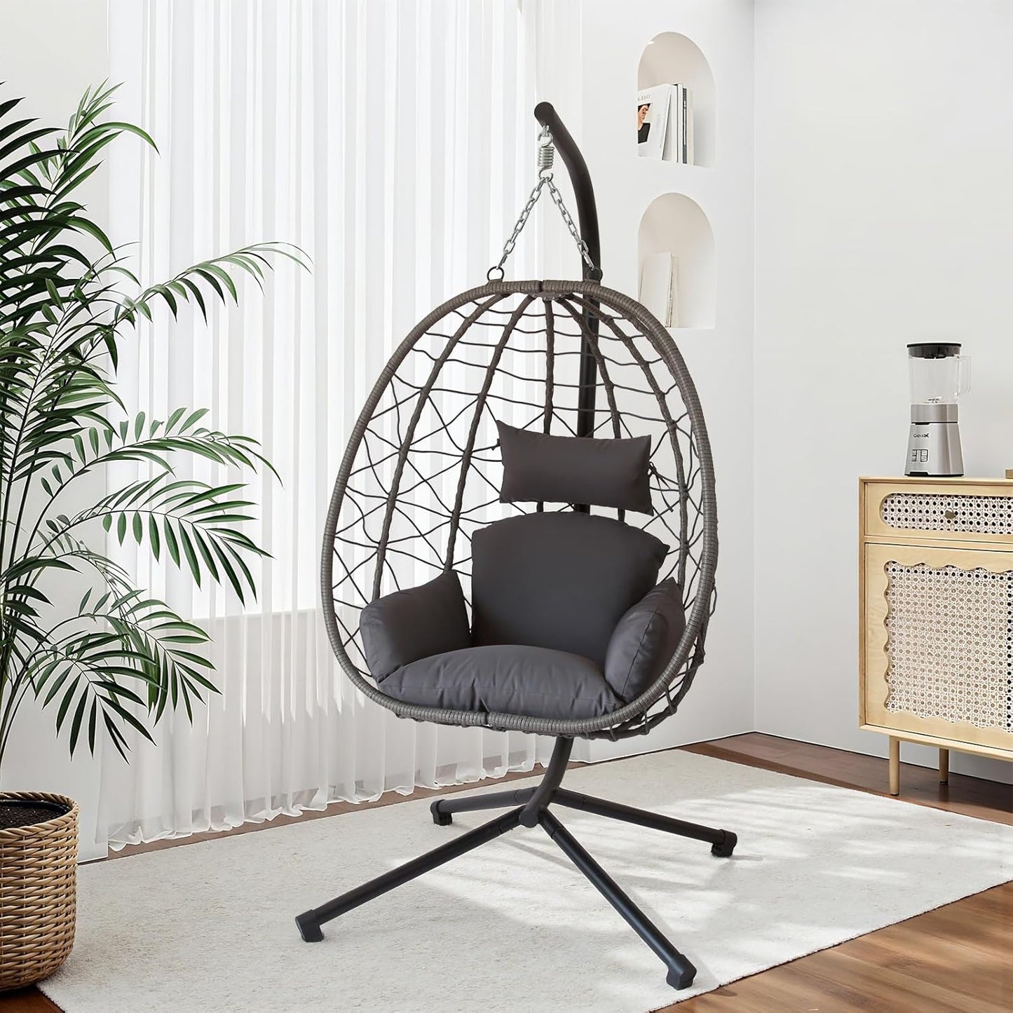 Double Egg Chair with Stand, Patio Wicker Hanging Swing Egg Chair Thickened, Galvanized Pipe Steel Frame and UV Resistant Cushion for Bedroom Garden Indoor Outdoor, 440LBS Capacity (Natural Beige)