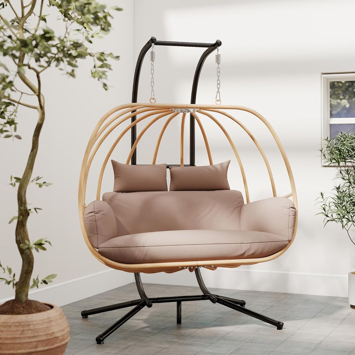 Outdoor Egg Chairs, 2 Person Double Egg Swing Chair with Stand, Patio Swing Chair with Cushions/Headrest, 80" Height Hanging Chair with Stand Indoor, Metal Basket Seat for Bedroom, Khaki