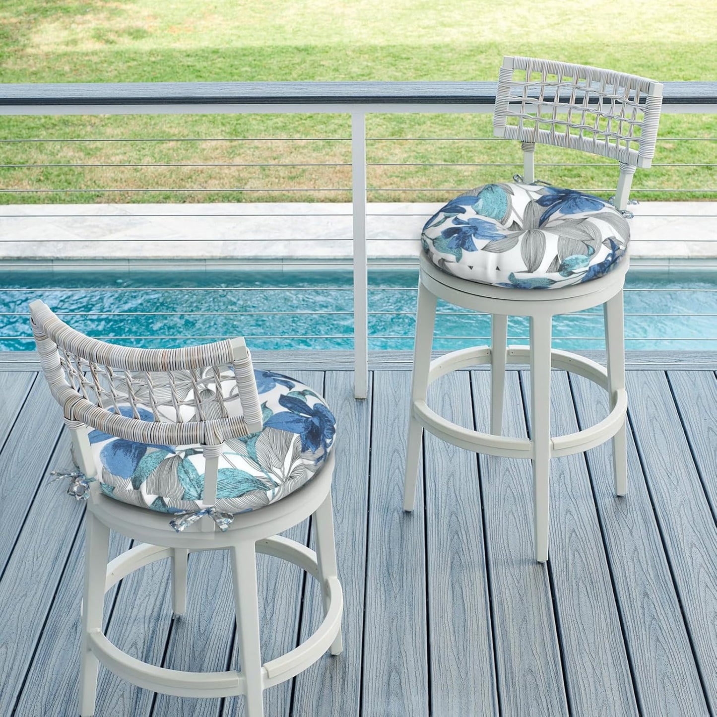 Outdoor Bistro Chair Cushions, Water Repellent Furniture Chair Pads Set of 2, Round Pillow for Decoration Home and Garden, 15”x15”x4”, Clemens Noir Blue
