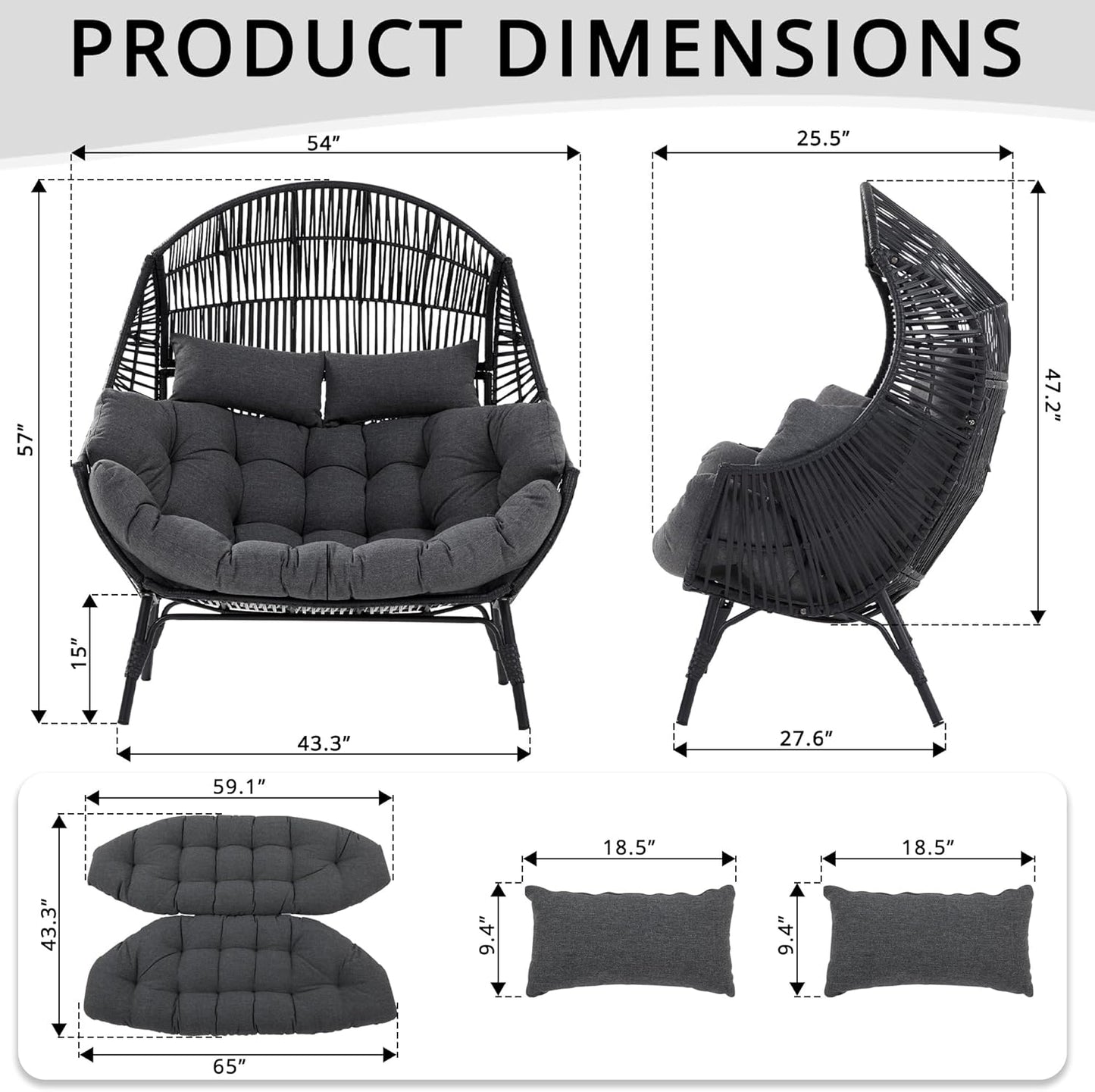 IRONCK Double Egg Chair Outdoor, 2 Person Wicker Lounge Chair, Oversized Thickened Padded Cushions and Headrests, 680 Lbs Egg Loveseat for Indoor, Patio, Living Room, Porch, Balcony, Dark Grey