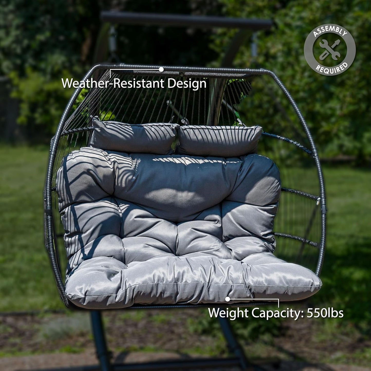 Sunnydaze Andrei Double Hanging Egg Chair with Cushion - 2-Person Outdoor Egg Chair - Includes Polyester Cushion - Dark Gray