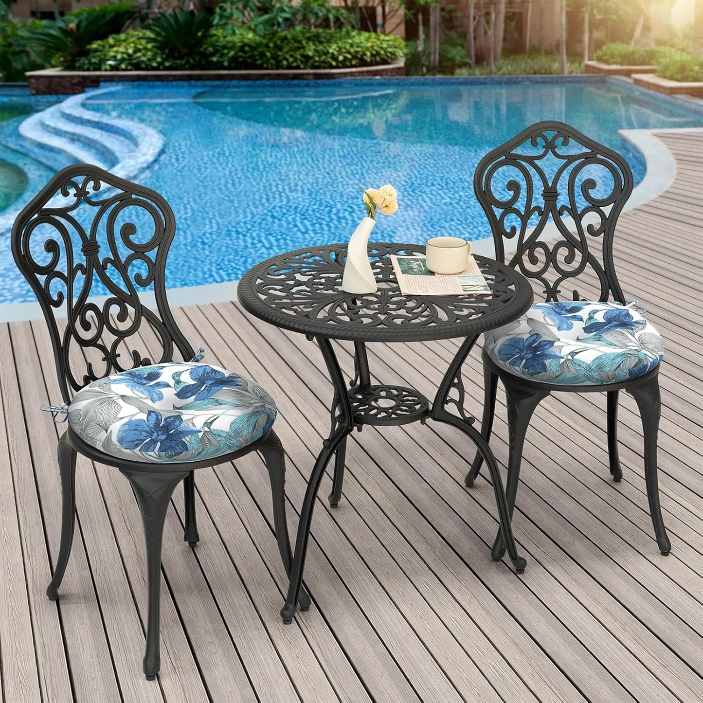 Outdoor Bistro Chair Cushions, Water Repellent Furniture Chair Pads Set of 2, Round Pillow for Decoration Home and Garden, 15”x15”x4”, Clemens Noir Blue