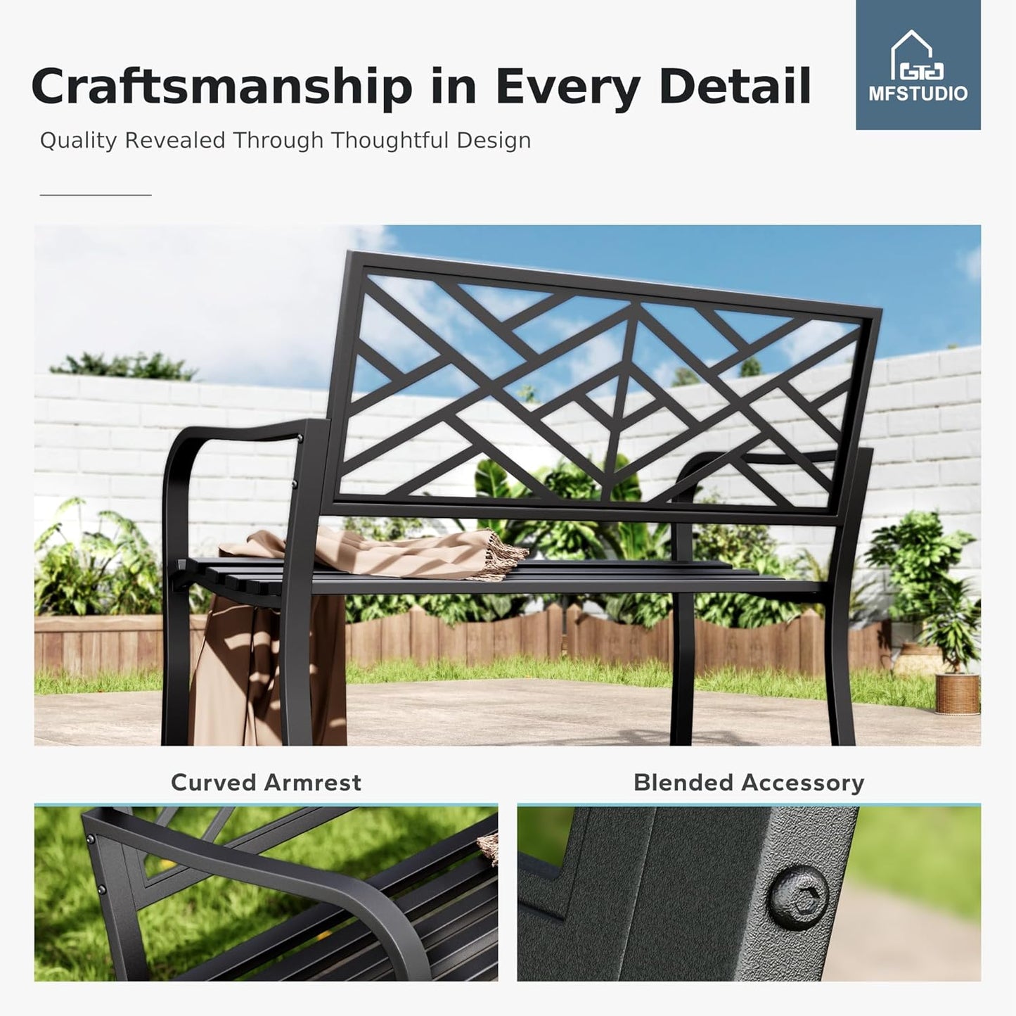 MFSTUDIO 43.7 Inches Outdoor Garden Bench, Cast Iron Metal Frame Patio Park Outside Benches with Geometric Pattern Backrest for Front Porch, Black