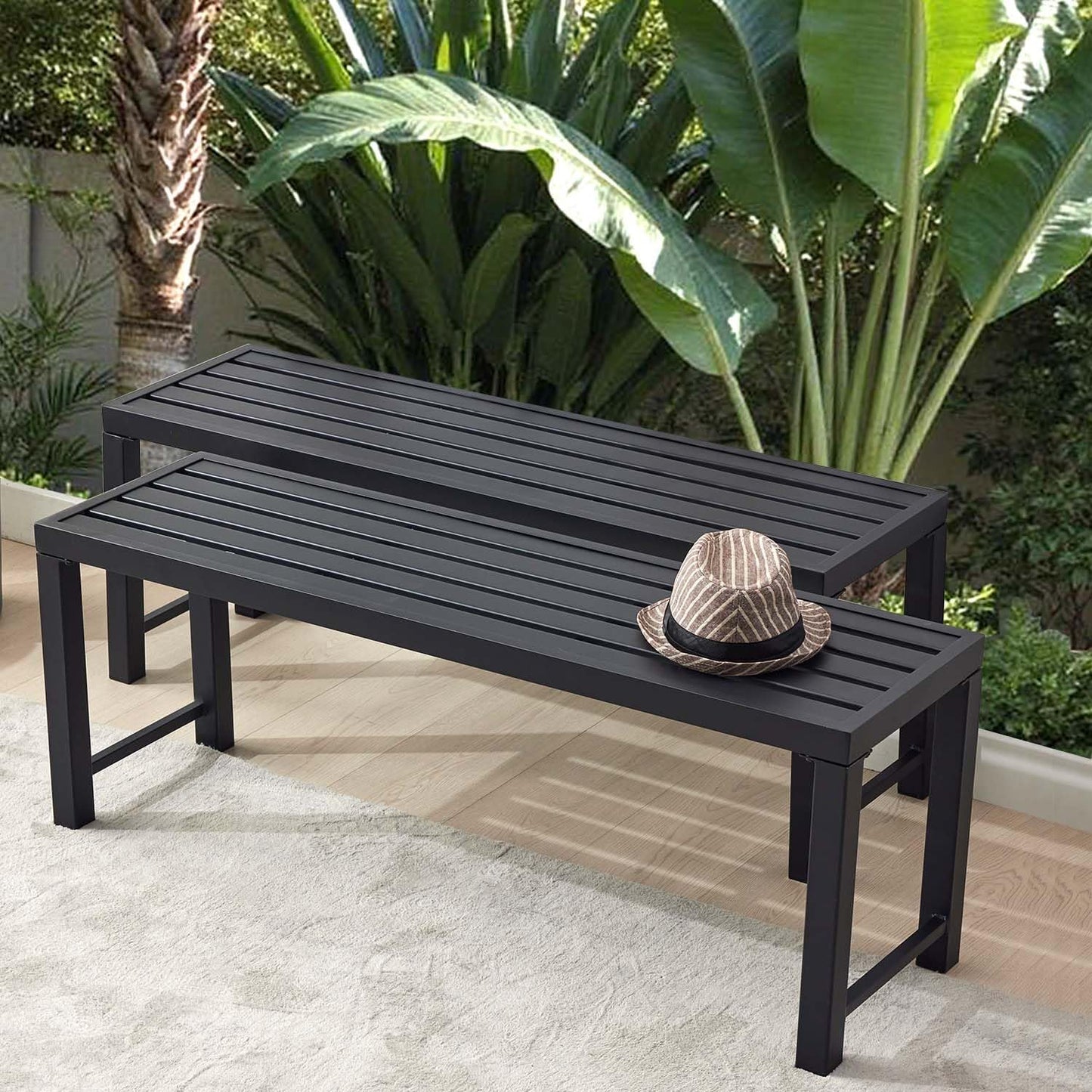 Grey Outdoor Backless Bench for Garden, Set of 2, Metal Outdoor Bench Weatherproof, Patio Benches for Outdoors, Benches Seat for Backyard, Porch, Plant Stand and Holder