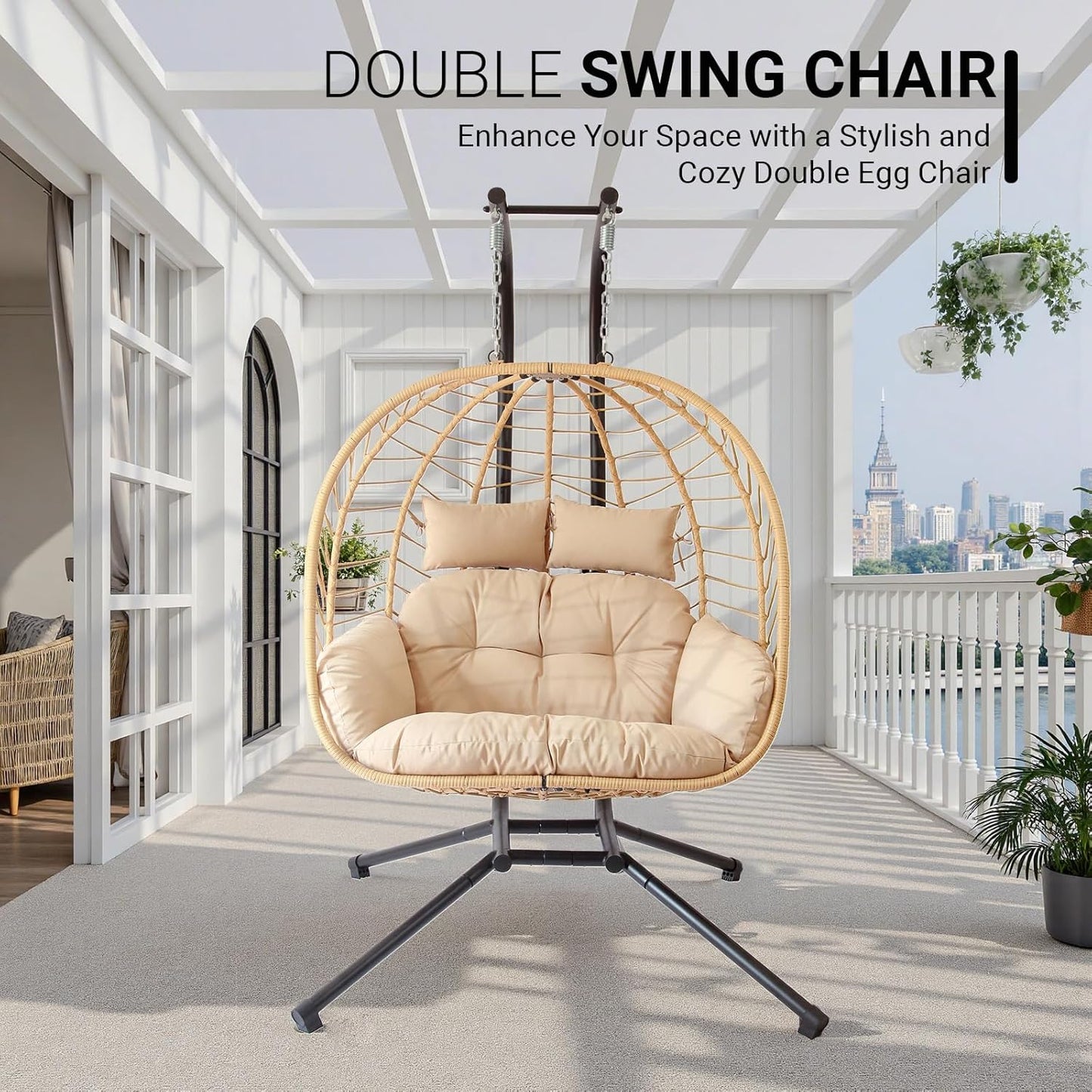 Double Egg Chair with Stand, Patio Wicker Hanging Swing Egg Chair Thickened, Galvanized Pipe Steel Frame and UV Resistant Cushion for Bedroom Garden Indoor Outdoor, 440LBS Capacity (Natural Beige)