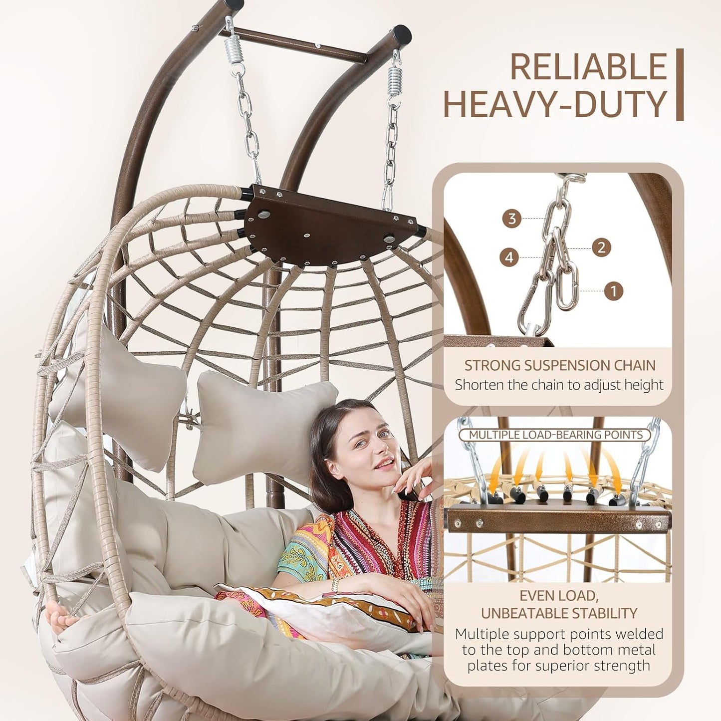 NICESOUL Oversized 2 Person Double Egg Chair Indoor Outdoor, Wide Large Swing Chair with Stand, All-Weather Patio Hanging Egg Hammock Seating, 700lbs Sturdy Porch Swings for Backyard, Cream with Cover