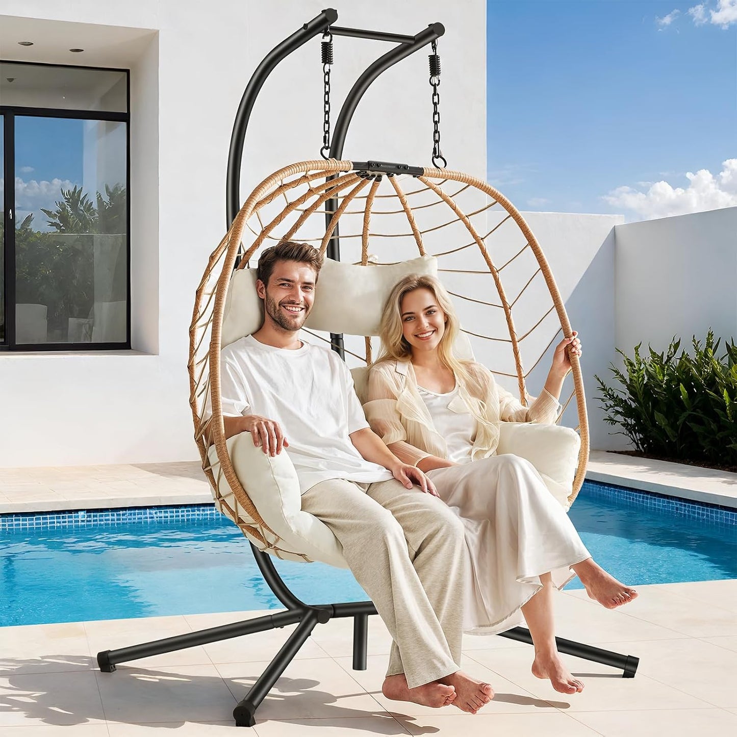Double Egg Chair with Stand, Indoor Outdoor 2 Person Hammock Swing Chair with Cushions & Headrest, 650LBS Capacity Hanging Loveseat for Patio, Bedroom, Garden, Balcony (Black-Dark Gray)