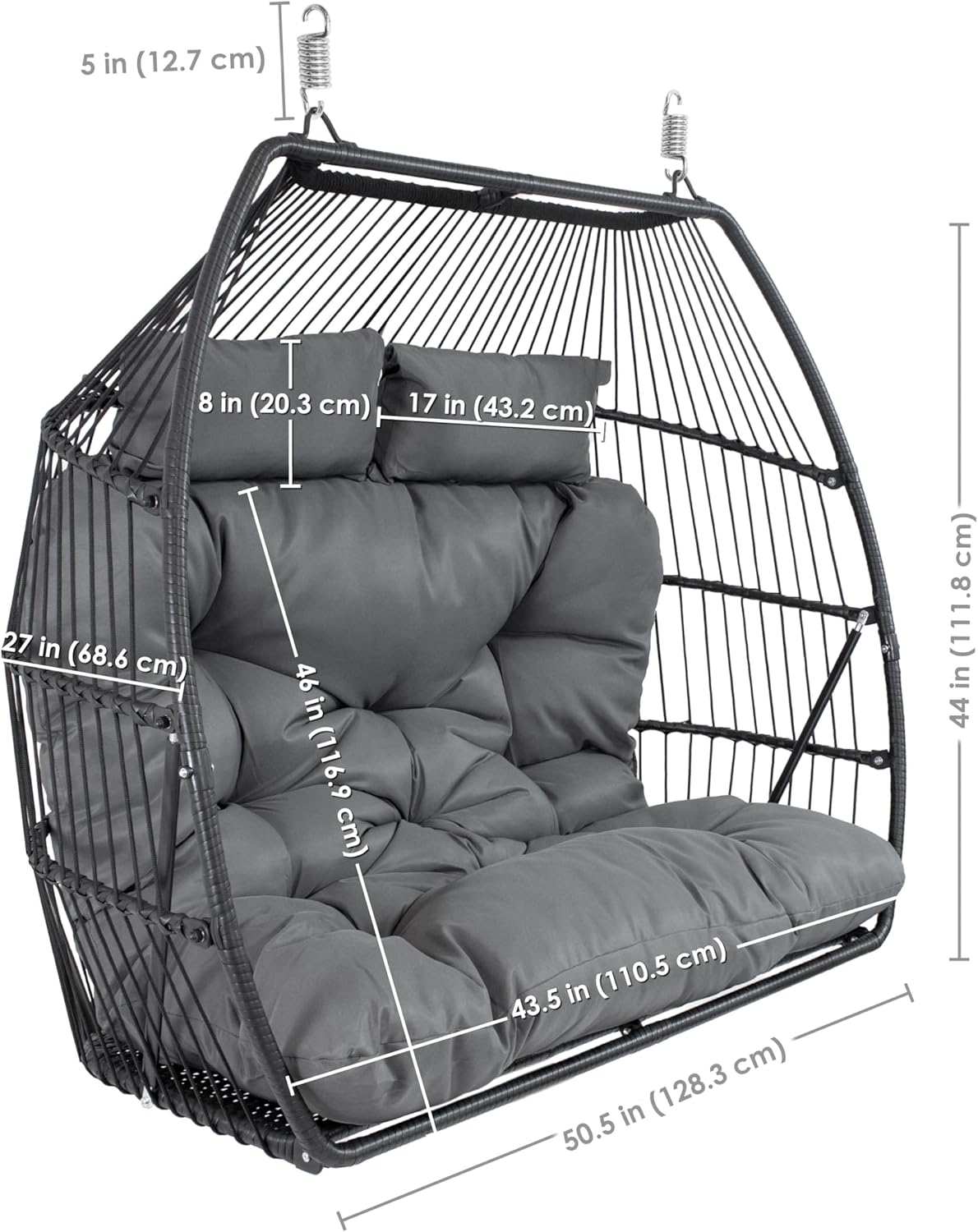 Sunnydaze Andrei Double Hanging Egg Chair with Cushion - 2-Person Outdoor Egg Chair - Includes Polyester Cushion - Dark Gray