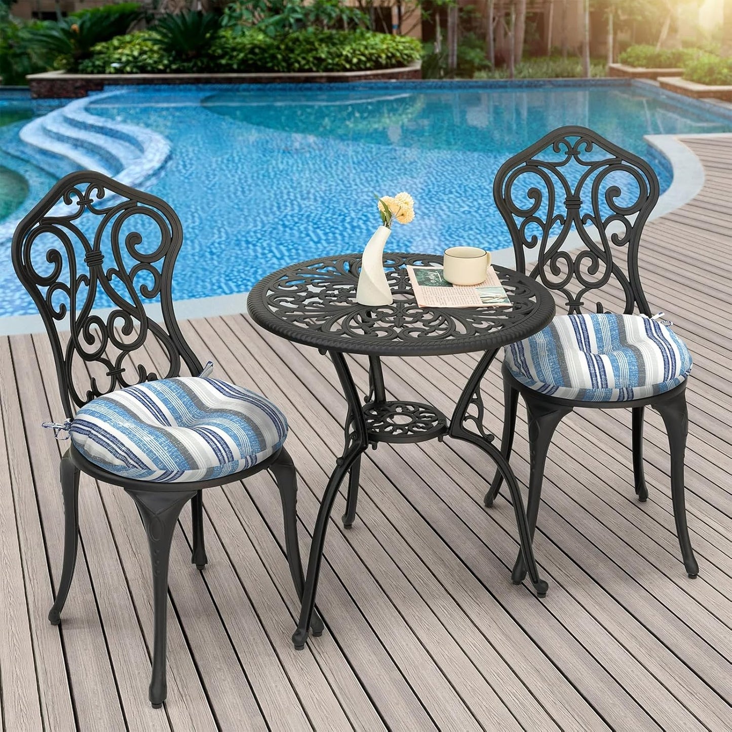 Outdoor Bistro Chair Cushions, Water Repellent Furniture Chair Pads Set of 2, Round Pillow for Decoration Home and Garden, 15”x15”x4”, Stripe Layered Blue