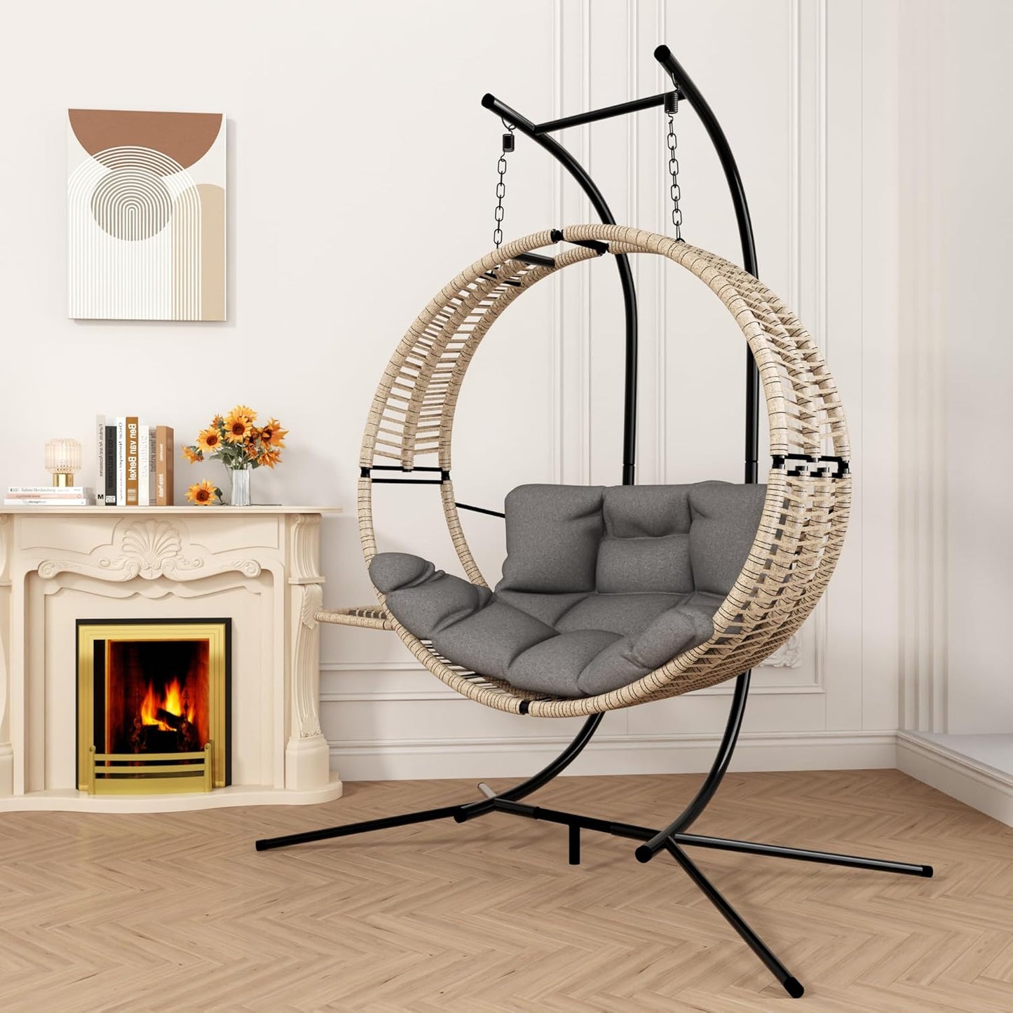 Hanging Double Egg Chair with Stand, Oversized 2 Person HDPE Rattan with Convertible Armrest for Reclining with All-Weather Cushion and Heavy Duty Frame for Indoor Outdoor, 700Lbs Capacity (Black)