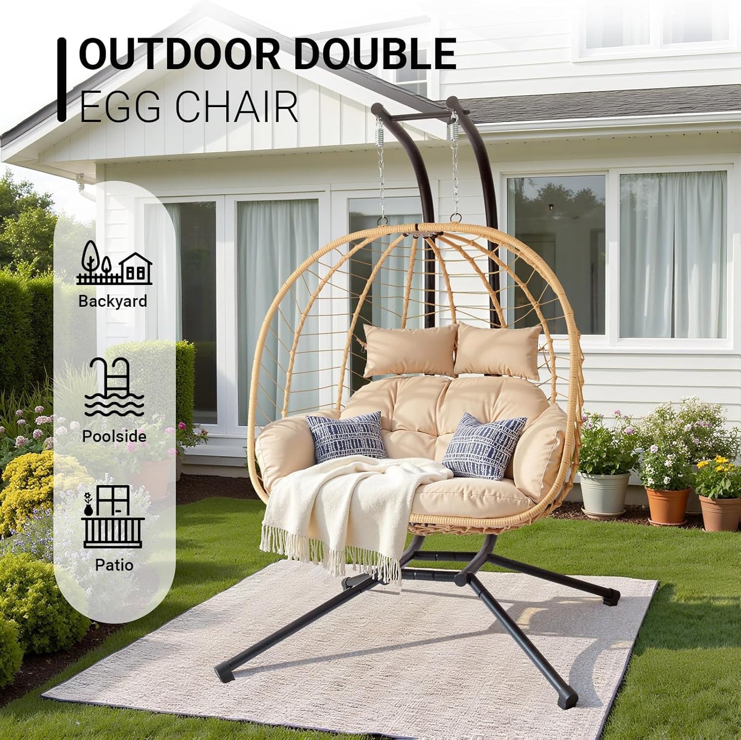 Double Egg Chair with Stand, Patio Wicker Hanging Swing Egg Chair Thickened, Galvanized Pipe Steel Frame and UV Resistant Cushion for Bedroom Garden Indoor Outdoor, 440LBS Capacity (Natural Beige)