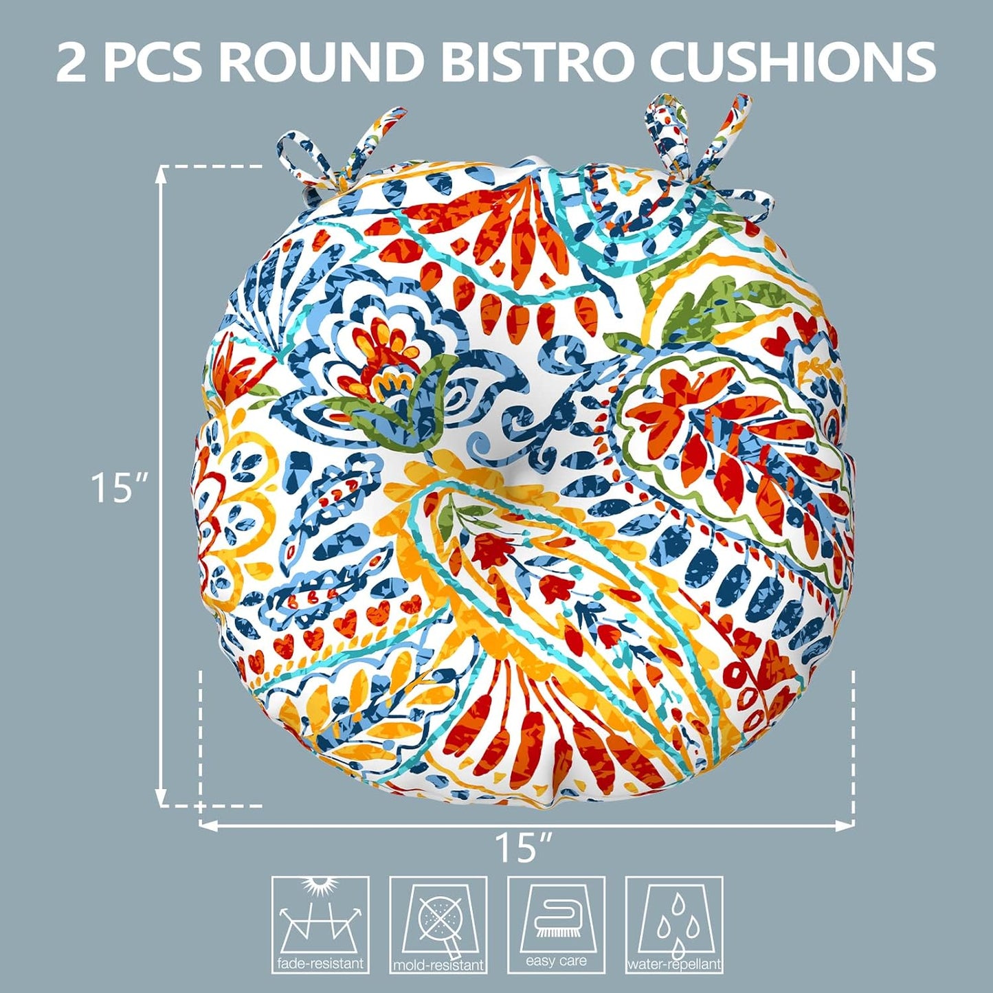 LVTXIII Outdoor All Weather Bistro Seat Cushions, Comfortable Fluffy Tufted Patio Chair Cushions Round 15"x15"x4" Set of 2 for Home Garden Furniture, Paisley Ummi Multi