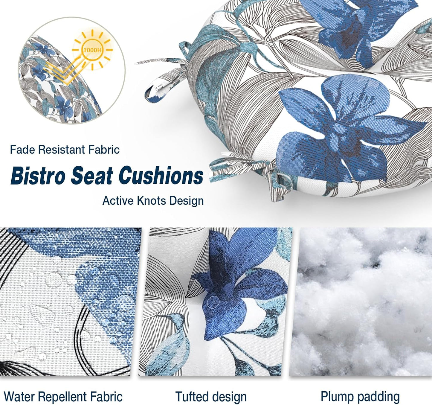 Outdoor Bistro Chair Cushions, Water Repellent Furniture Chair Pads Set of 2, Round Pillow for Decoration Home and Garden, 15”x15”x4”, Clemens Noir Blue