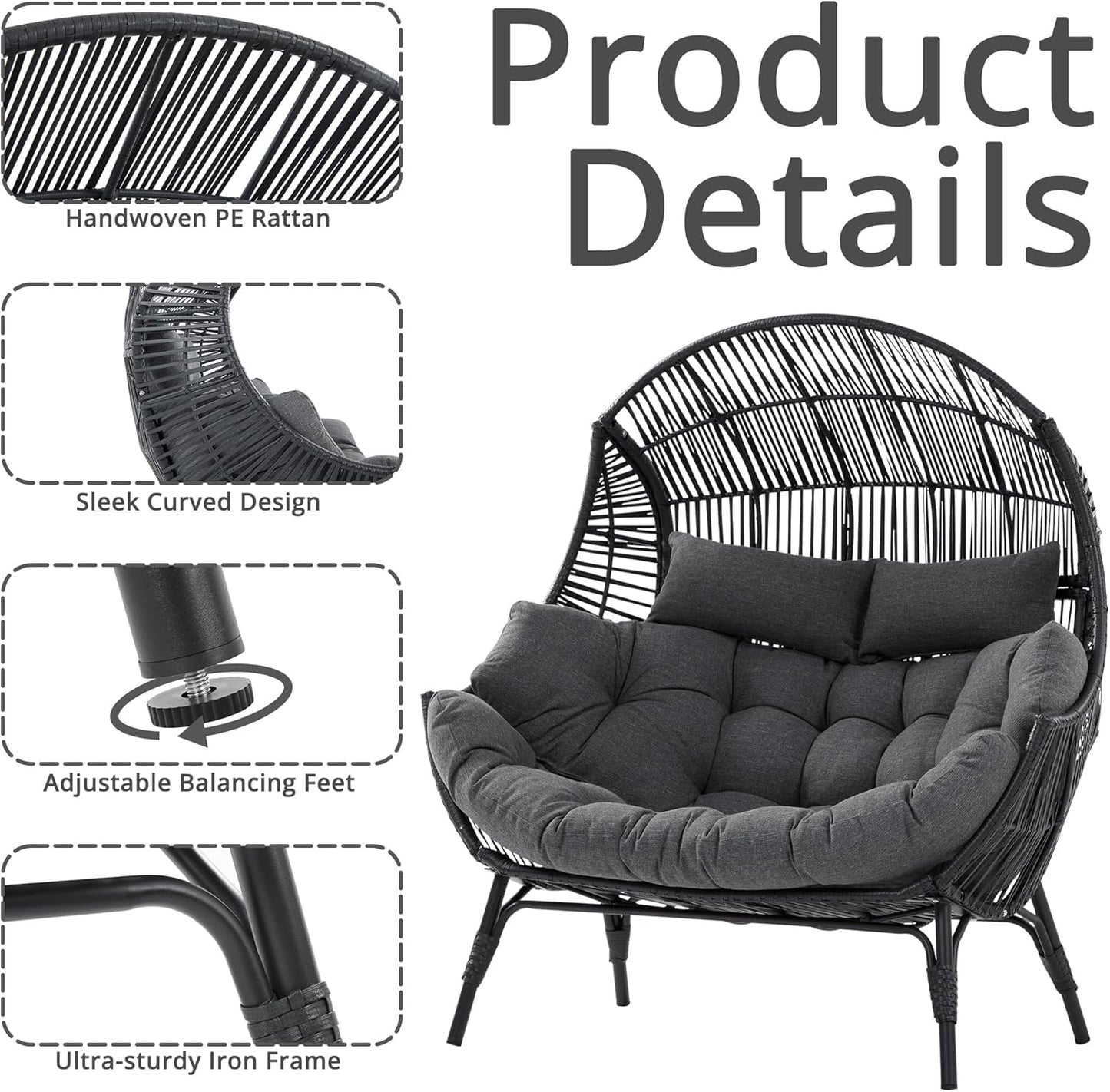 IRONCK Double Egg Chair Outdoor, 2 Person Wicker Lounge Chair, Oversized Thickened Padded Cushions and Headrests, 680 Lbs Egg Loveseat for Indoor, Patio, Living Room, Porch, Balcony, Dark Grey