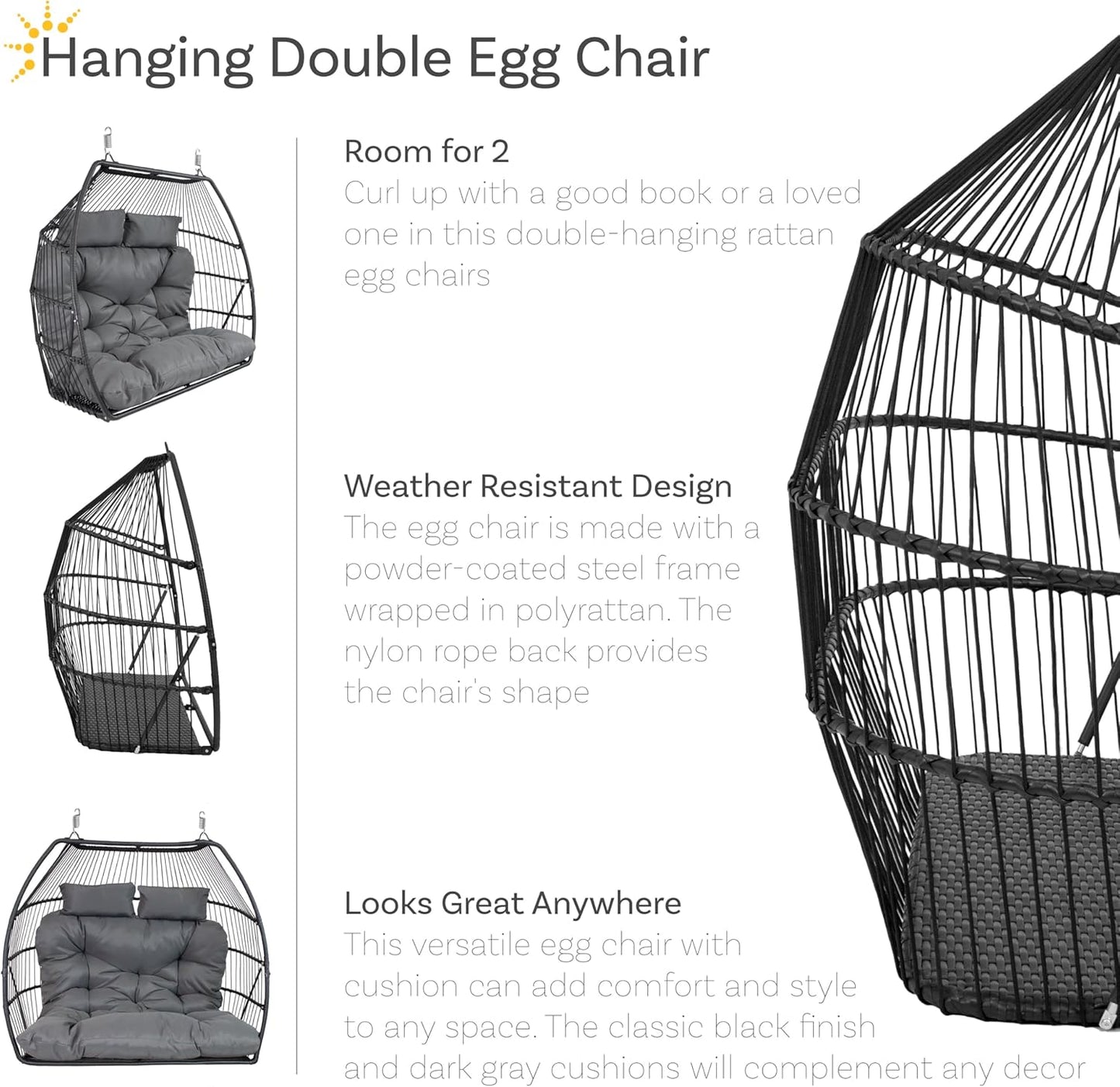 Sunnydaze Andrei Double Hanging Egg Chair with Cushion - 2-Person Outdoor Egg Chair - Includes Polyester Cushion - Dark Gray