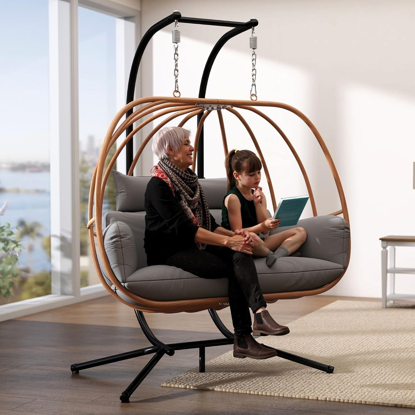Outdoor Egg Chairs, 2 Person Double Egg Swing Chair with Stand, Patio Swing Chair with Cushions/Headrest, 80" Height Hanging Chair with Stand Indoor, Metal Basket Seat for Bedroom, Khaki