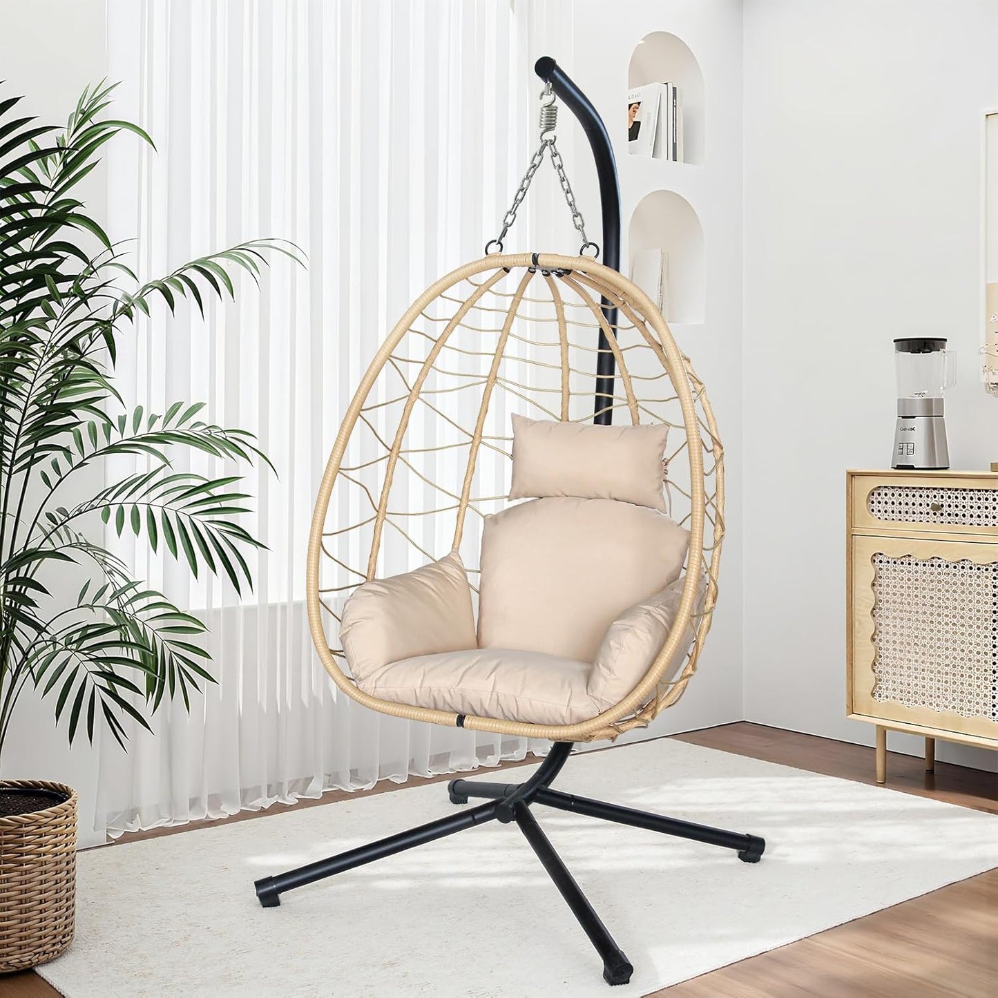 Double Egg Chair with Stand, Patio Wicker Hanging Swing Egg Chair Thickened, Galvanized Pipe Steel Frame and UV Resistant Cushion for Bedroom Garden Indoor Outdoor, 440LBS Capacity (Natural Beige)