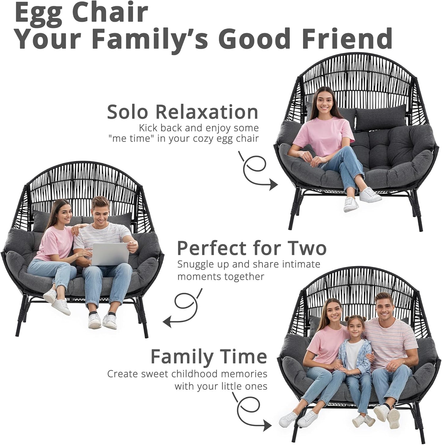 IRONCK Double Egg Chair Outdoor, 2 Person Wicker Lounge Chair, Oversized Thickened Padded Cushions and Headrests, 680 Lbs Egg Loveseat for Indoor, Patio, Living Room, Porch, Balcony, Dark Grey