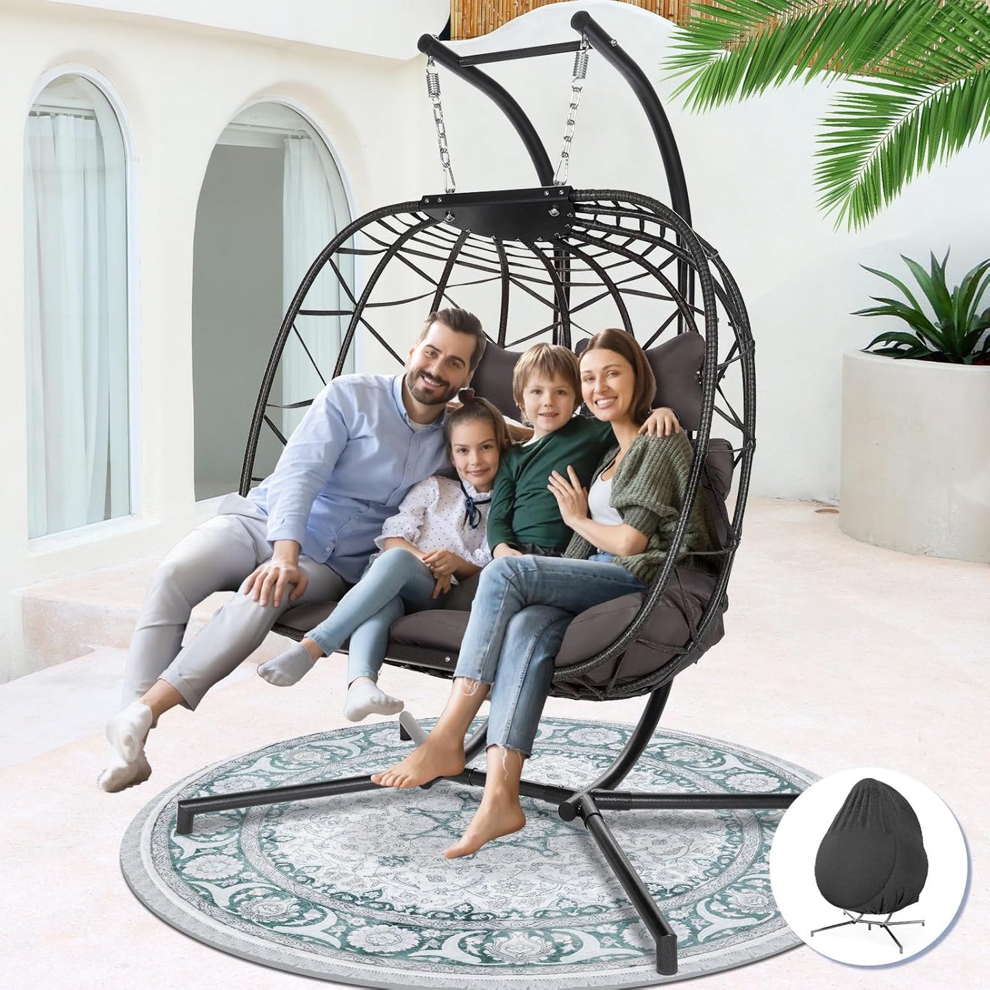 NICESOUL Oversized 2 Person Double Egg Chair Indoor Outdoor, Wide Large Swing Chair with Stand, All-Weather Patio Hanging Egg Hammock Seating, 700lbs Sturdy Porch Swings for Backyard, Cream with Cover