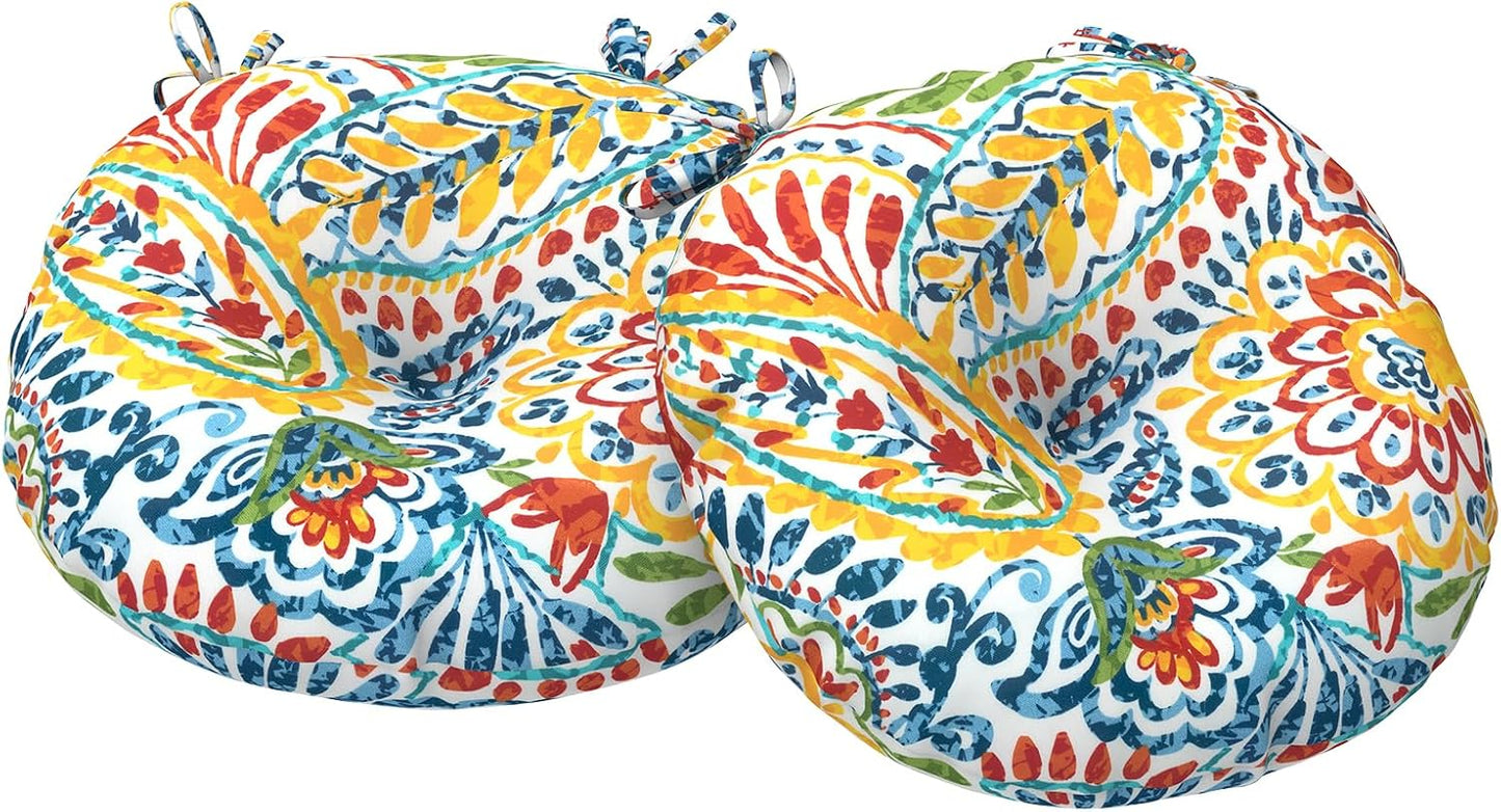 Outdoor Bistro Chair Cushions, Water Repellent Furniture Chair Pads Set of 2, Round Pillow for Decoration Home and Garden, 15”x15”x4”, Stripe Layered Blue