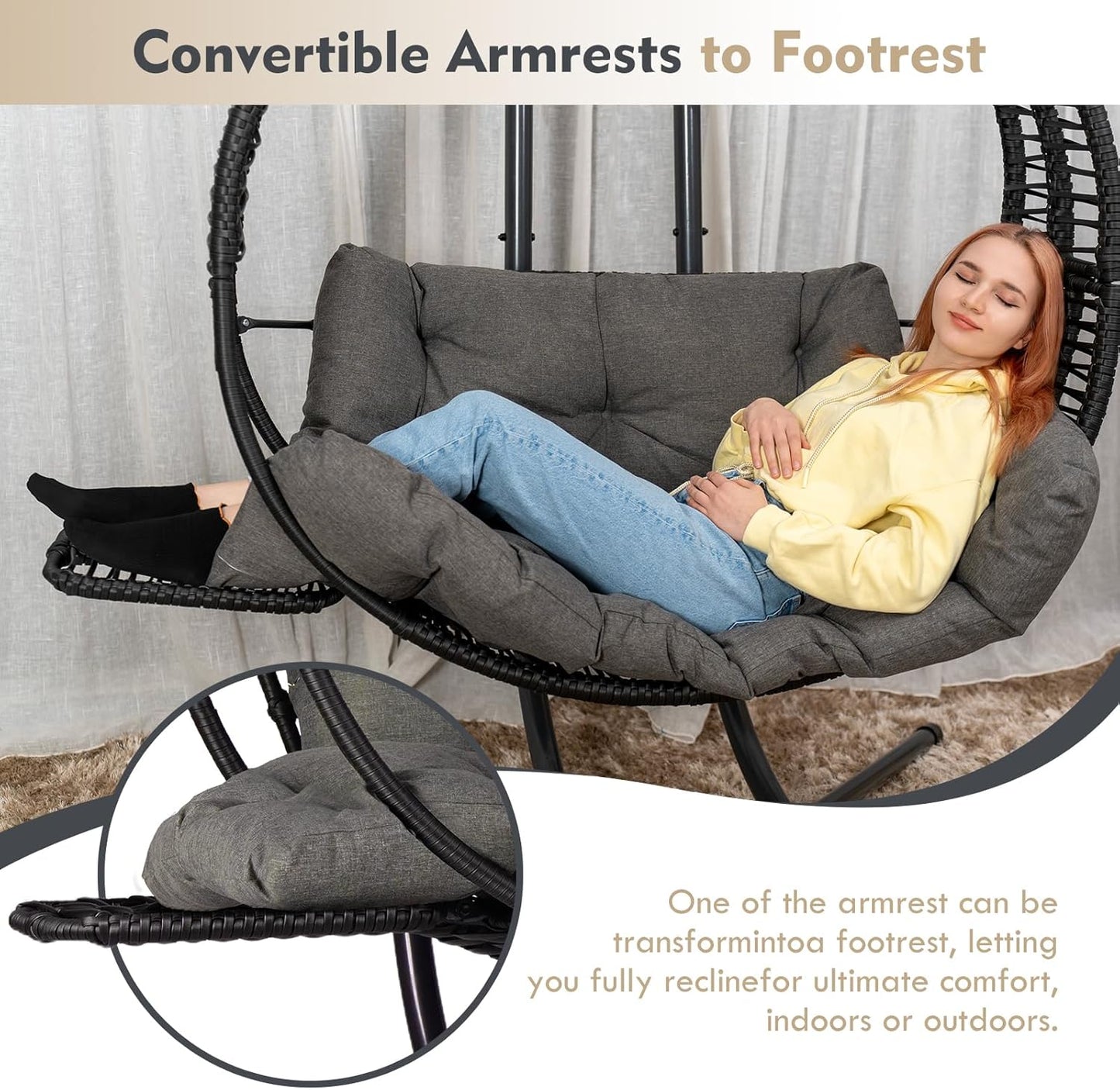 Hanging Double Egg Chair with Stand, Oversized 2 Person HDPE Rattan with Convertible Armrest for Reclining with All-Weather Cushion and Heavy Duty Frame for Indoor Outdoor, 700Lbs Capacity (Black)