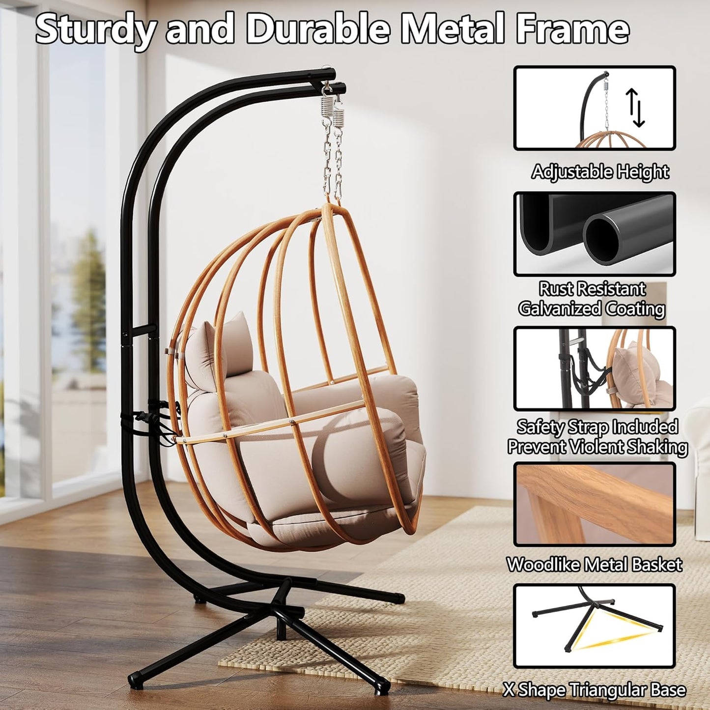 Outdoor Egg Chairs, 2 Person Double Egg Swing Chair with Stand, Patio Swing Chair with Cushions/Headrest, 80" Height Hanging Chair with Stand Indoor, Metal Basket Seat for Bedroom, Khaki