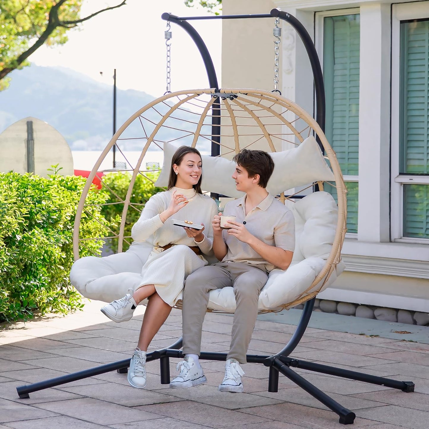 Easyego Double Egg Chair, 2-Person Hammock Chair with Stand, 660LBS Capacity, Thick Padded Cushion, UV Resistant PE Rattan Wicker, Indoor/Outdoor for Garden, Patio, Lawn, Bedroom, Balcony (Beige)