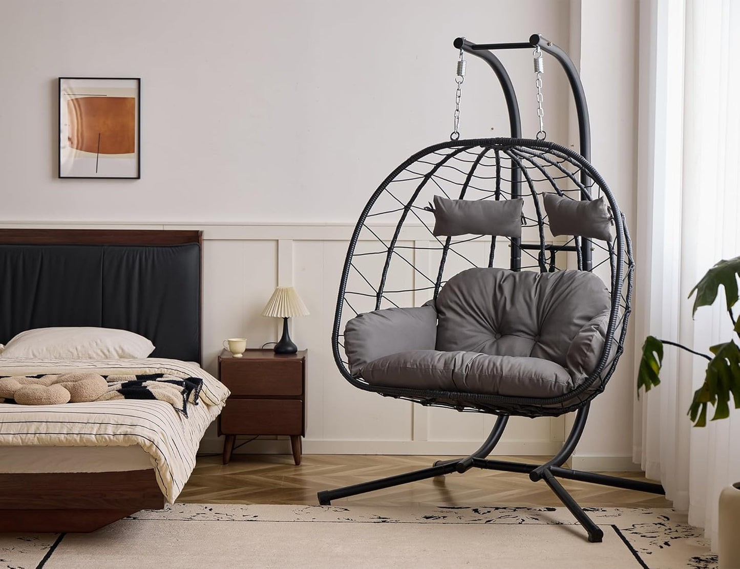 2 Person Egg Swing Chair with Stand - Indoor/Outdoor Hammock Chair & Hanging Egg Chair | Rattan Wicker, 550LBS Capacity for Bedroom, Patio, Balcony, Garden (Yellow)