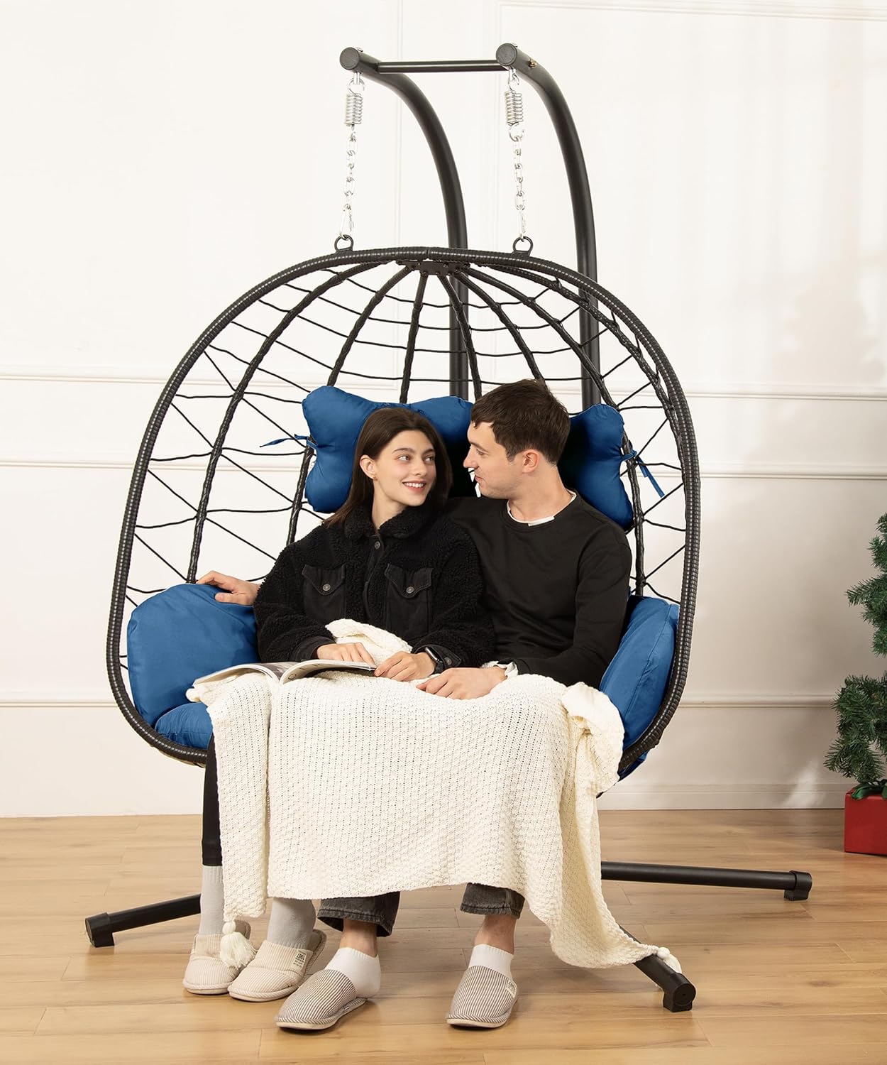 Double Egg Chair wth Stand Hammock Swing Chair Foldable Hanging Loveseat, UV Resistant Removable Cushions, 700LBS Capacity for Bedroom, Balcony, Garden(BK-BE)
