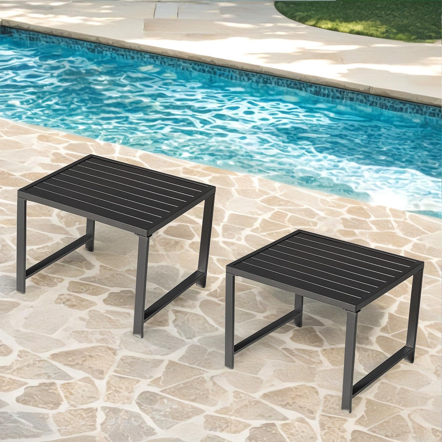 Grey Outdoor Backless Bench for Garden, Set of 2, Metal Outdoor Bench Weatherproof, Patio Benches for Outdoors, Benches Seat for Backyard, Porch, Plant Stand and Holder