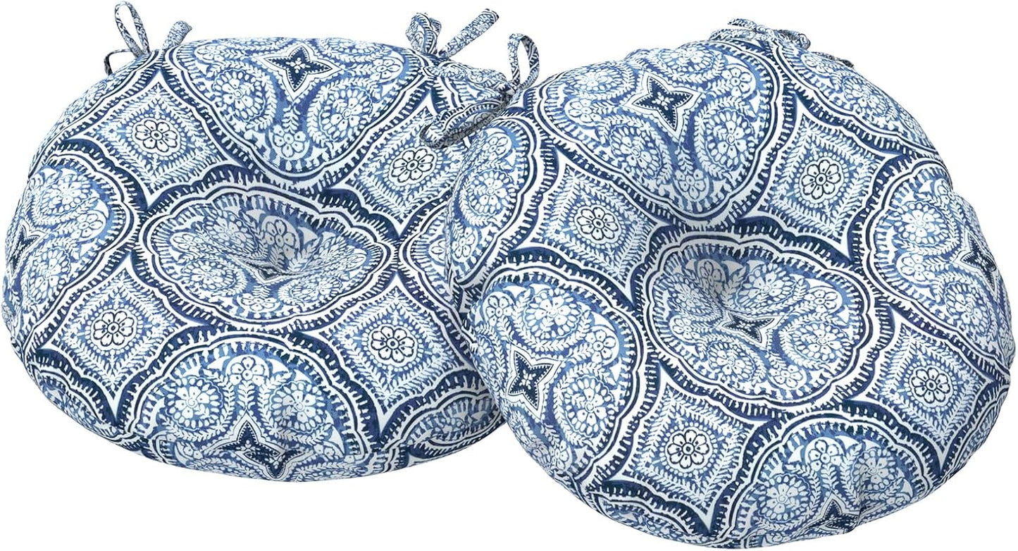 Outdoor Bistro Chair Cushions, Water Repellent Furniture Chair Pads Set of 2, Round Pillow for Decoration Home and Garden, 15”x15”x4”, Stripe Layered Blue