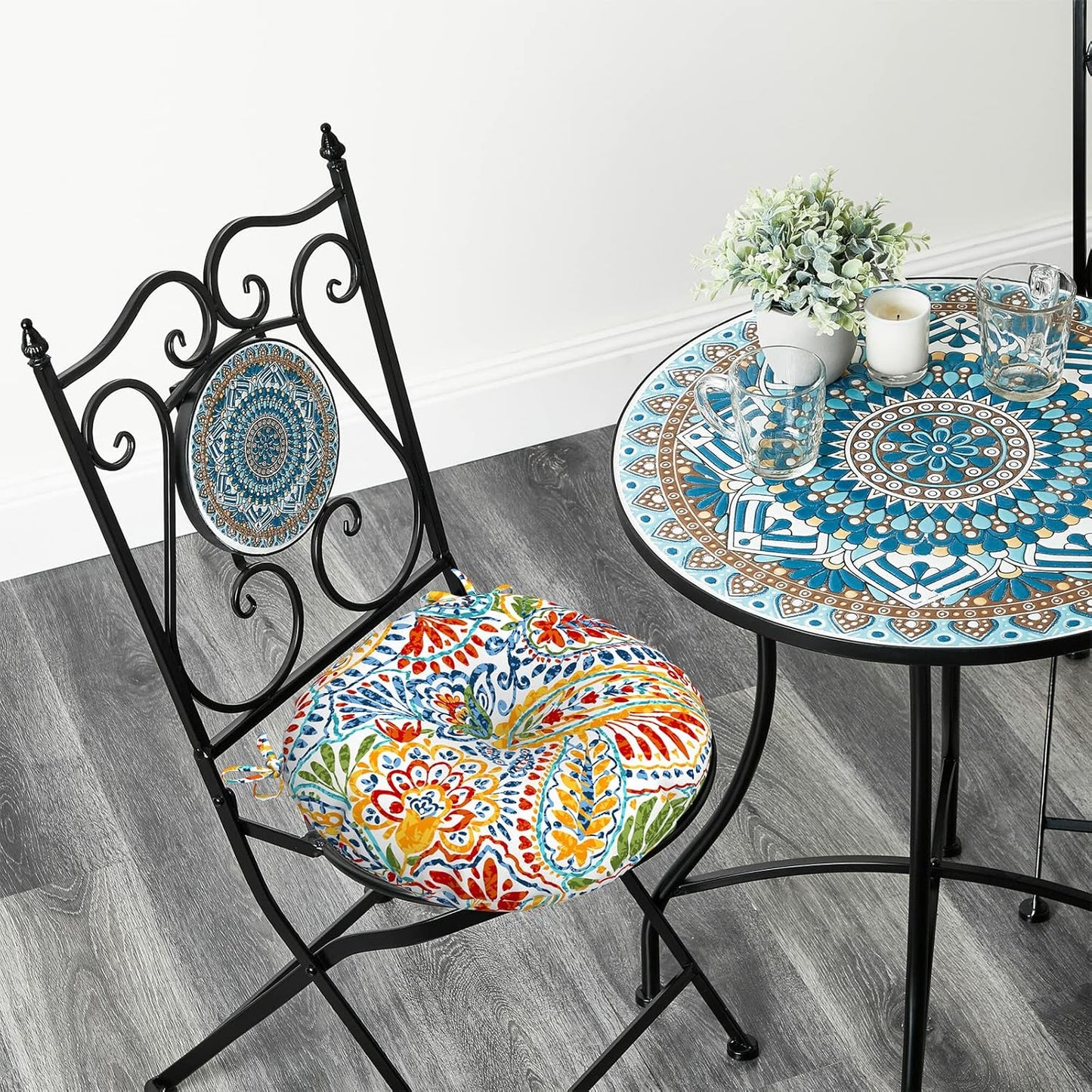 LVTXIII Outdoor All Weather Bistro Seat Cushions, Comfortable Fluffy Tufted Patio Chair Cushions Round 15"x15"x4" Set of 2 for Home Garden Furniture, Paisley Ummi Multi