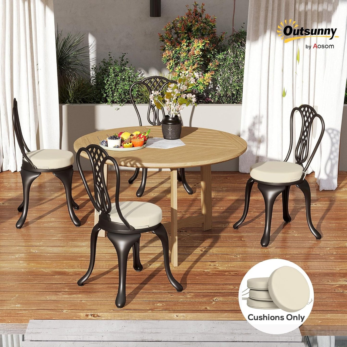 Outsunny Outdoor Bistro Chair Cushions Set of 4 with Machine Washable Cover, 15" x 15" x 3" Thick Round Seat Cushions for Patio Furniture with Ties, Chair Pads for Dining Chairs, Cream White