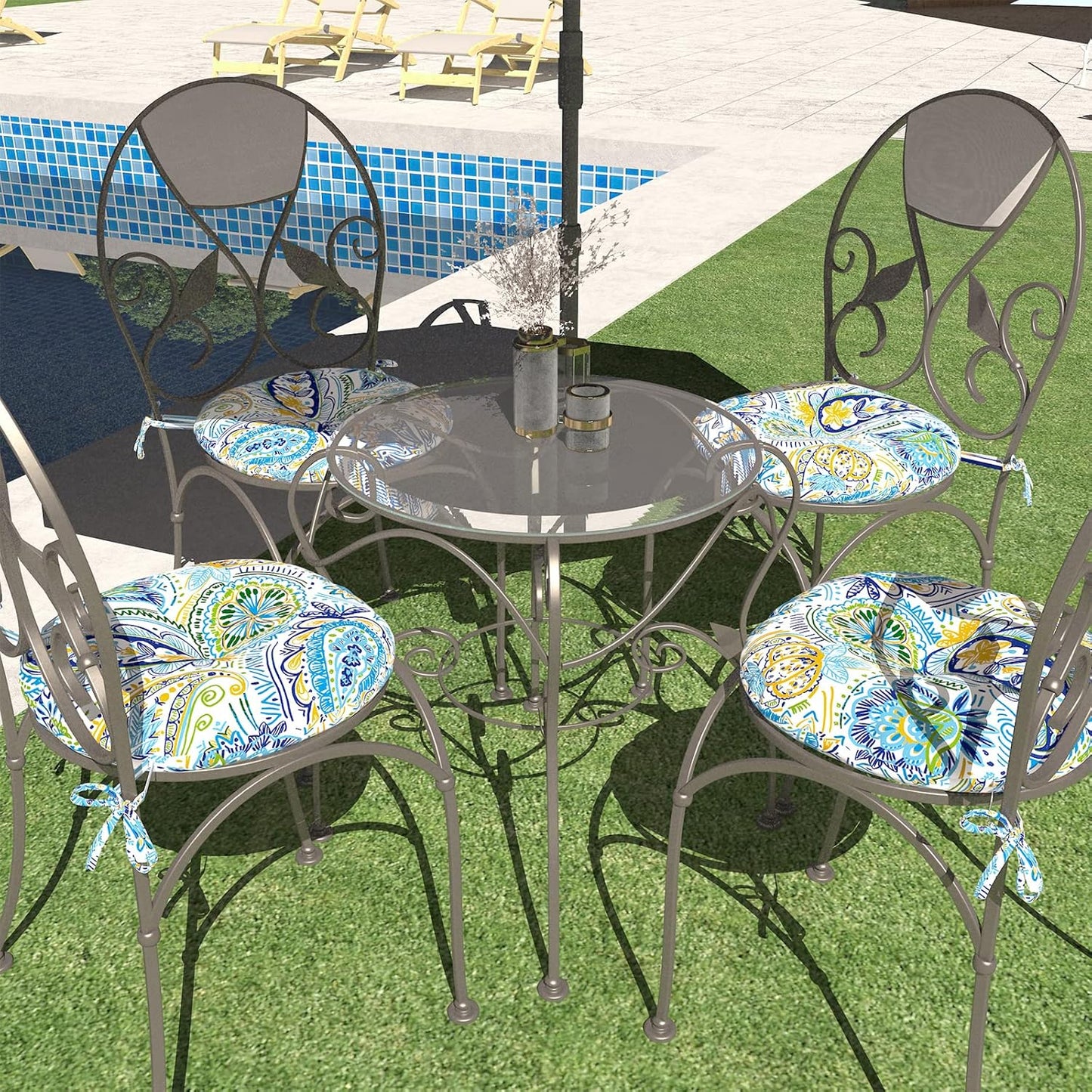 LVTXIII Outdoor All Weather Bistro Seat Cushions, Comfortable Fluffy Tufted Patio Chair Cushions Round 15”x15”x4” Set of 2 for Home Garden Furniture, Paisley Blue